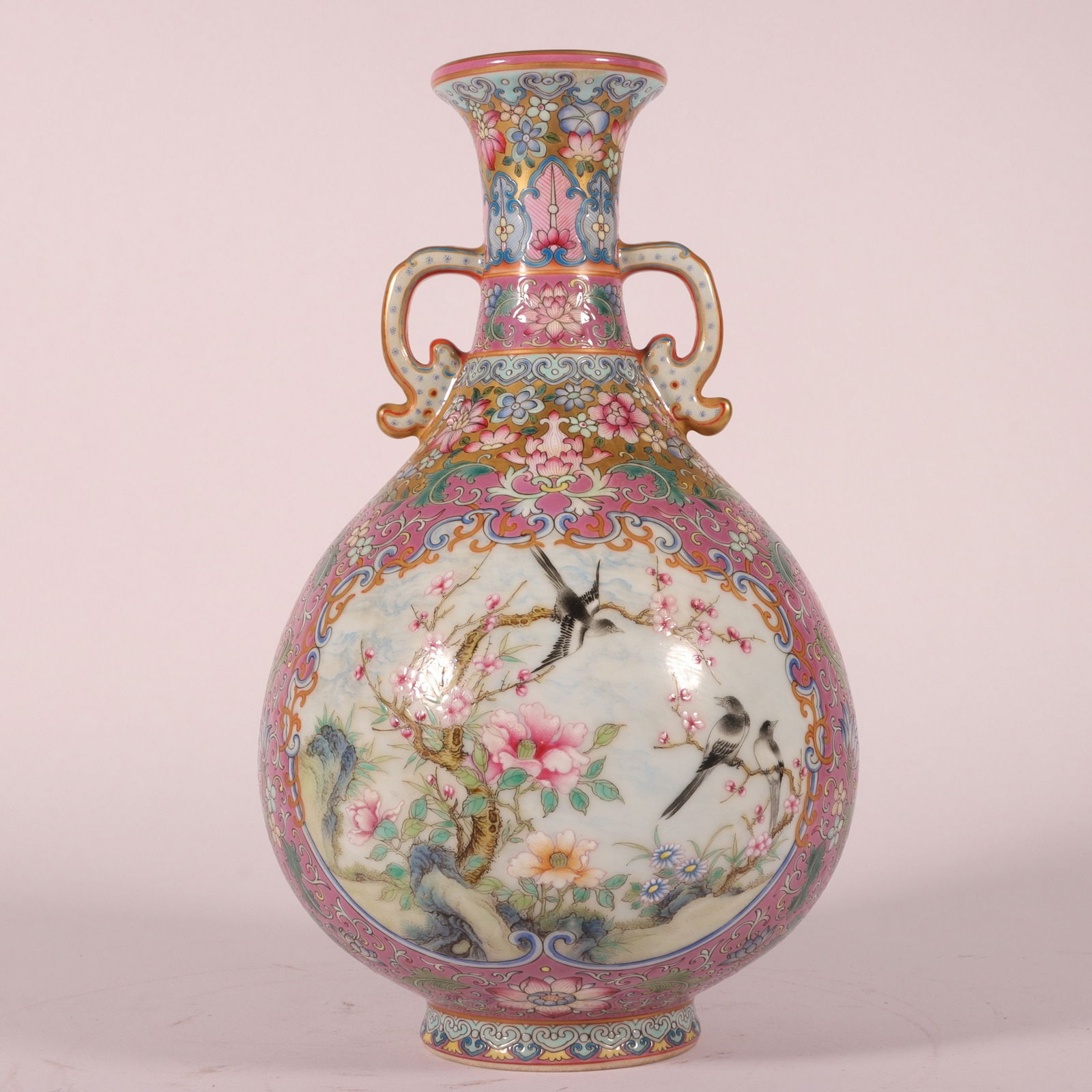 An Exquisite Enamel Ruby Red-Glazed Lotus Pattern Flower and Bird Pattern Double-Ears Vase - 6