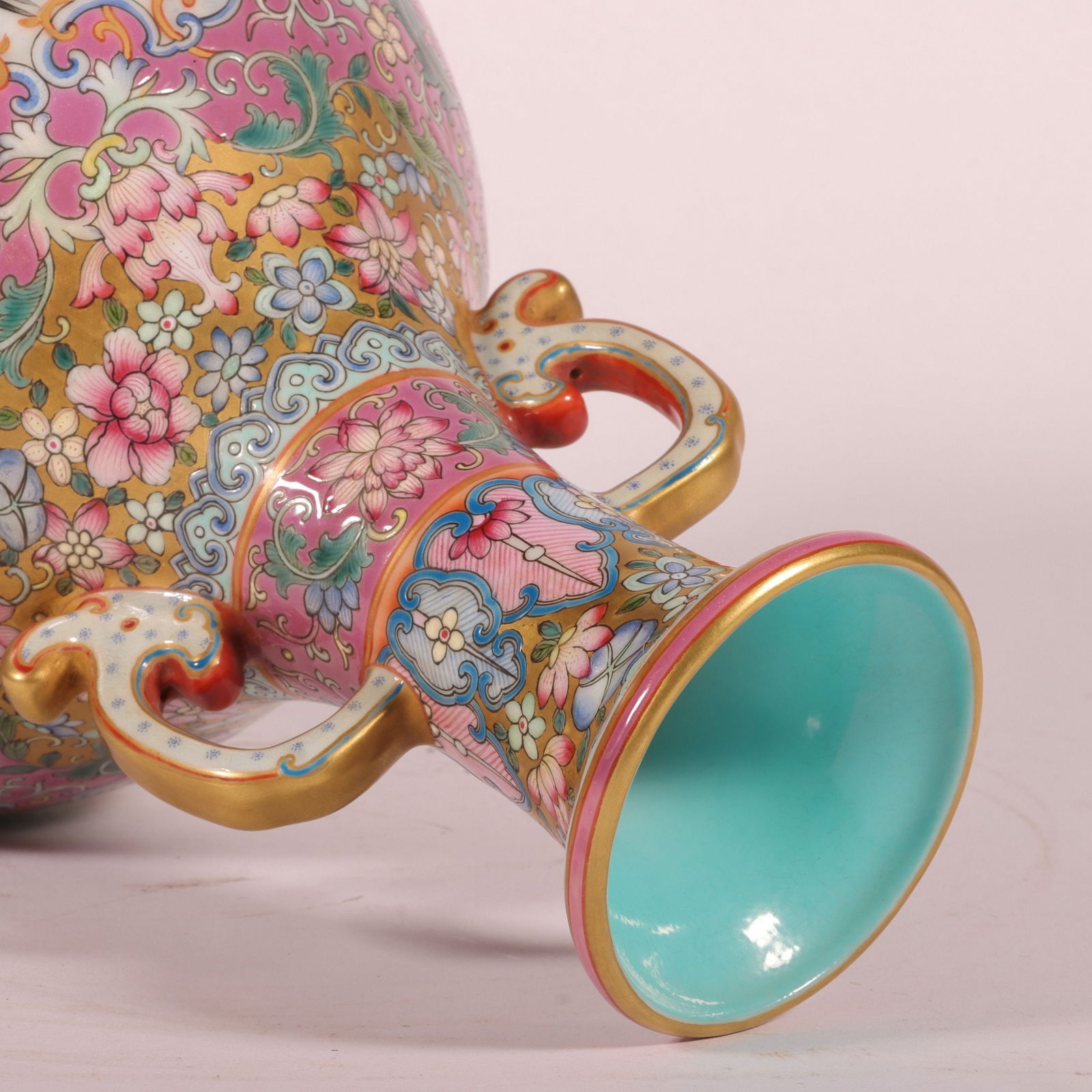 An Exquisite Enamel Ruby Red-Glazed Lotus Pattern Flower and Bird Pattern Double-Ears Vase - 8