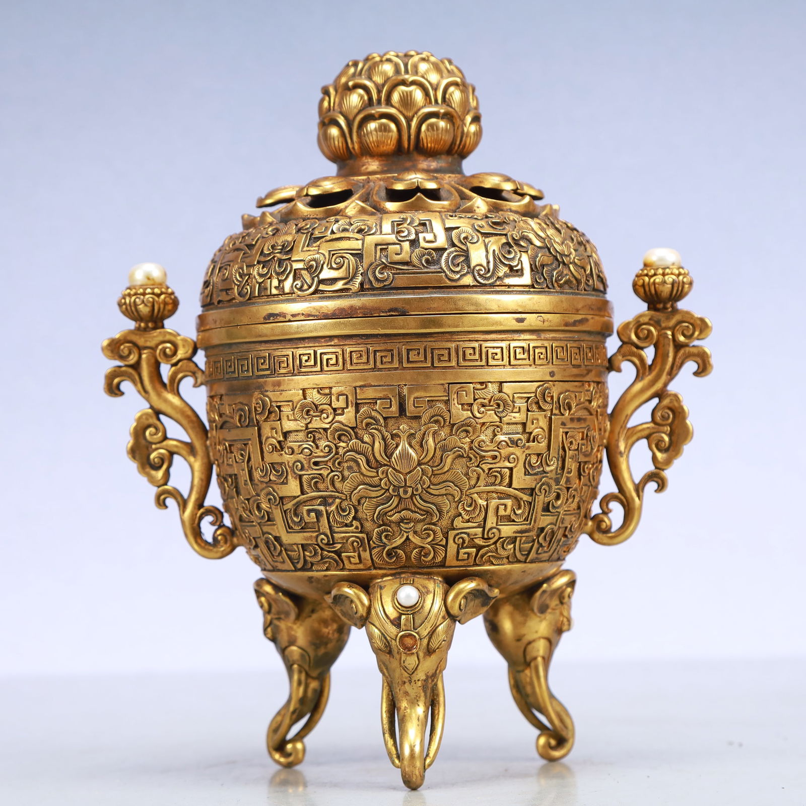 A Exquisite Gilt Bronze Inlaid Gems Lotus Pattern Double-Ears and Tripod Censer (1 of 9)
