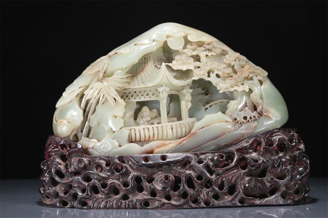 An Elaborate White Jade 'Landscape& Figure' Decoration (1 of 6)