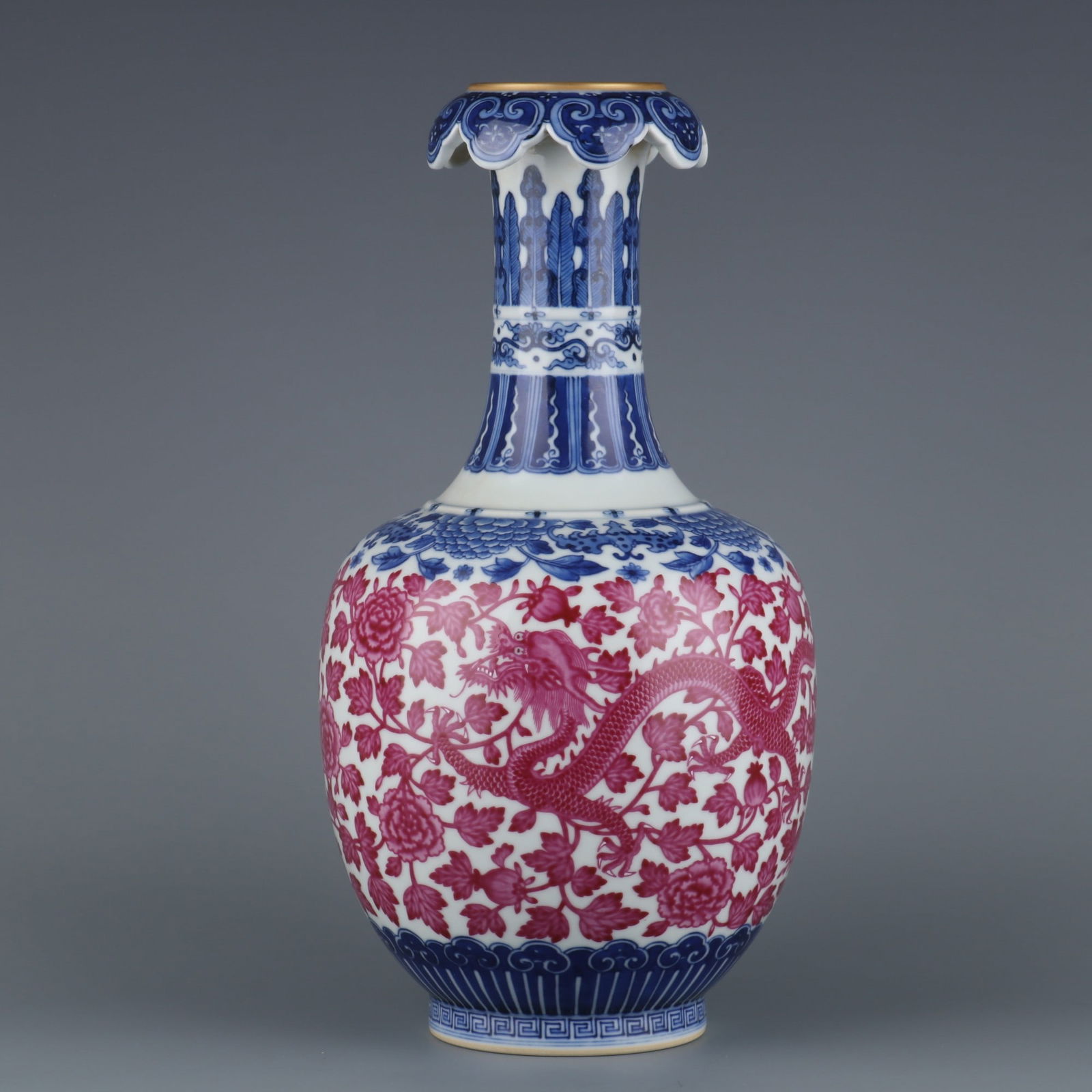 An Exquisite Blue and White Ruby Red-Glazed Dragon and Phoenix Pattern Lotus Pattern Vase (1 of 9)