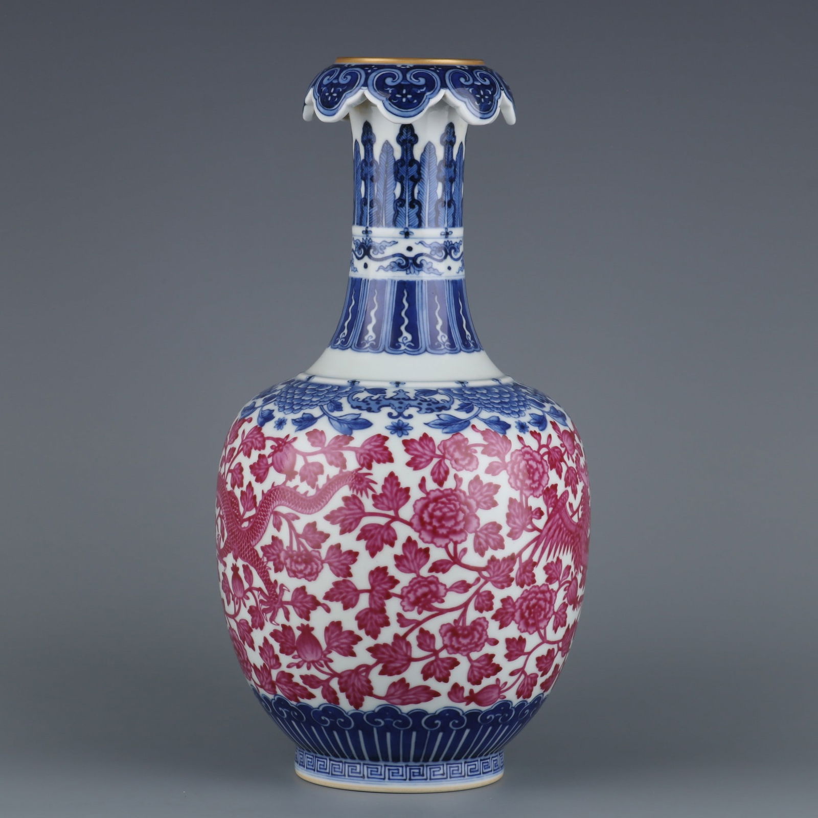 An Exquisite Blue and White Ruby Red-Glazed Dragon and Phoenix Pattern Lotus Pattern Vase - 2