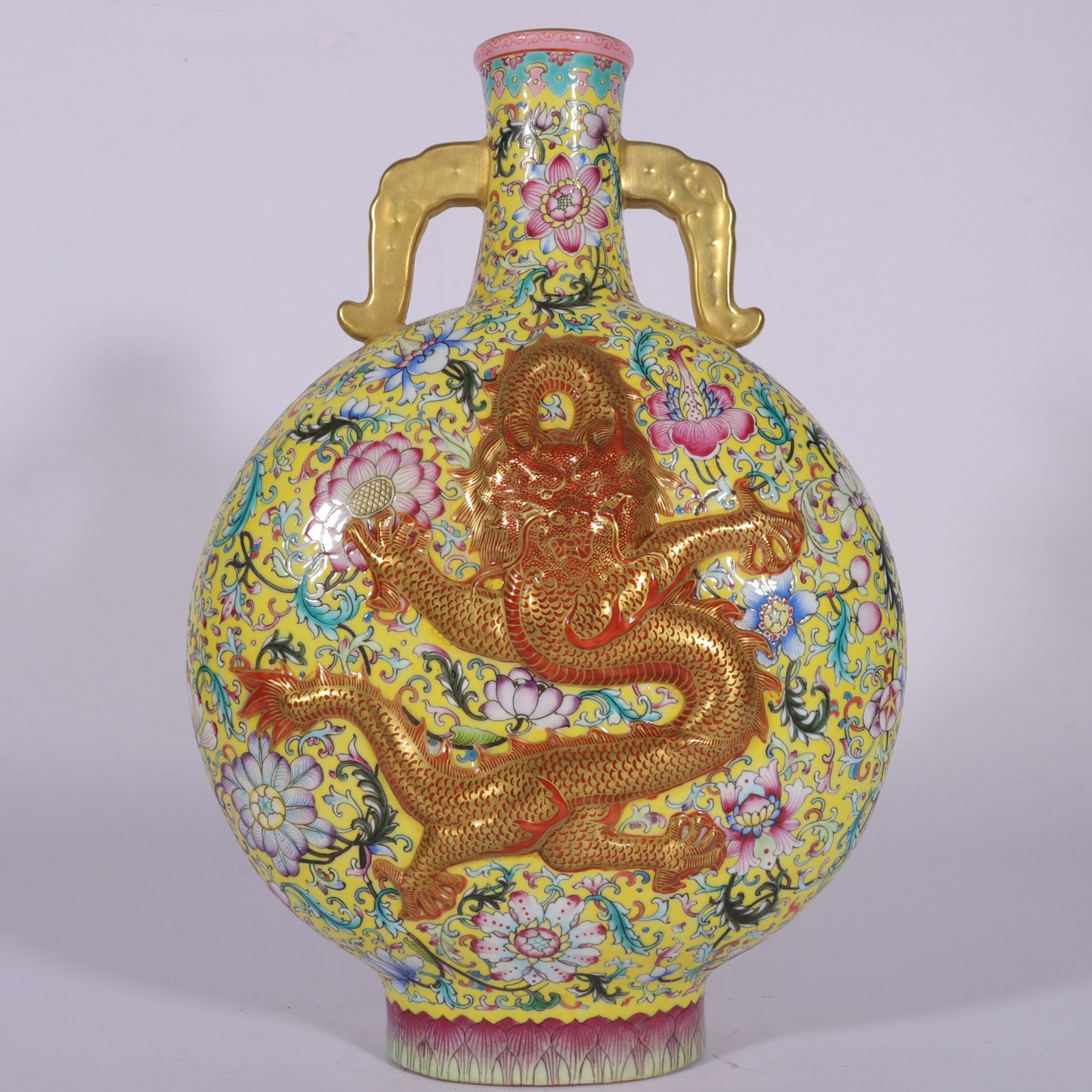 An Exquisite Famille-Rose Painted Gold Lotus Pattern Dragon and Phoenix Pattern Double-Ears Vase (1 of 8)