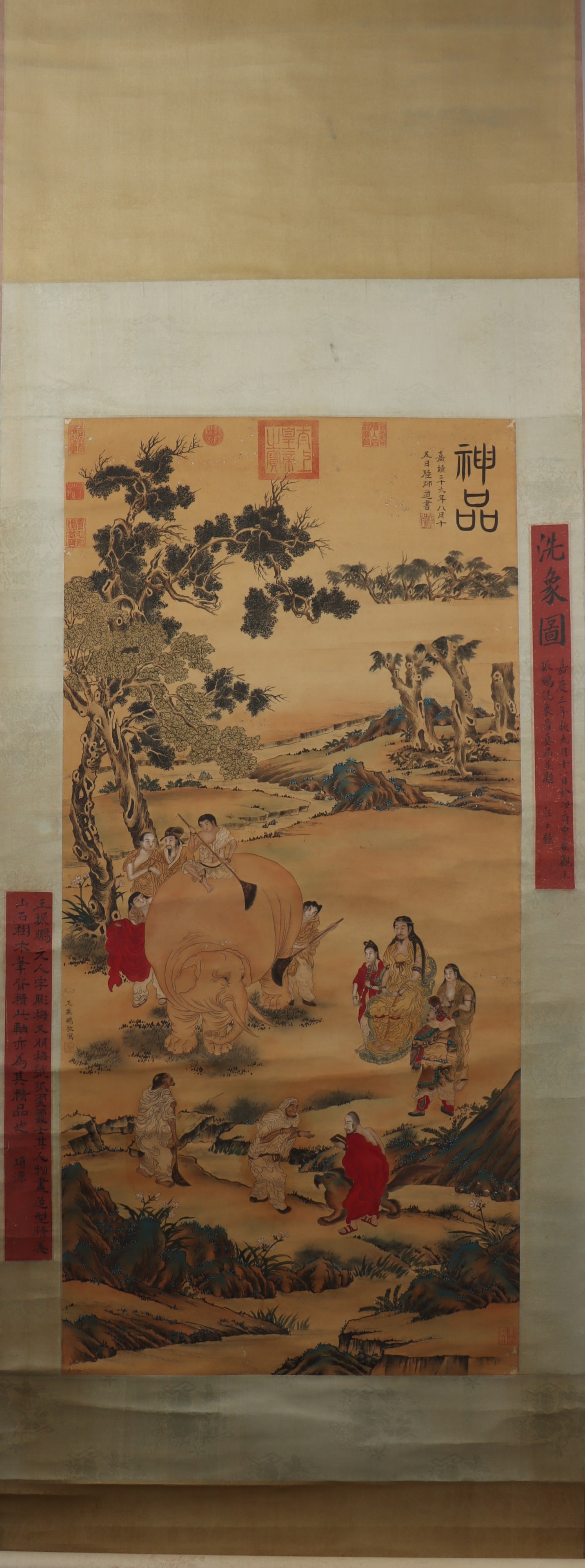 A Chinese Vertical Scroll Ink Painting of Character and Story on Silk: A Chinese Vertical Scroll Ink Painting of Character and Story on Silk Wang zhenpeng Size:124cmx59cm (The Dimensions Of All Batches Are Manually Measured.If You Need More Detailed Information,