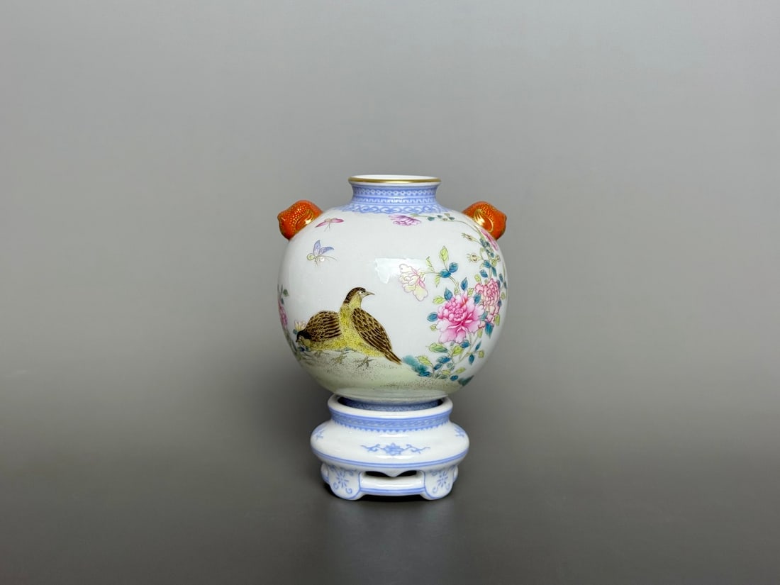An Exquisite Famille-Rose Flower and Bird Pattern with poem Double-Ears Vase (1 of 8)