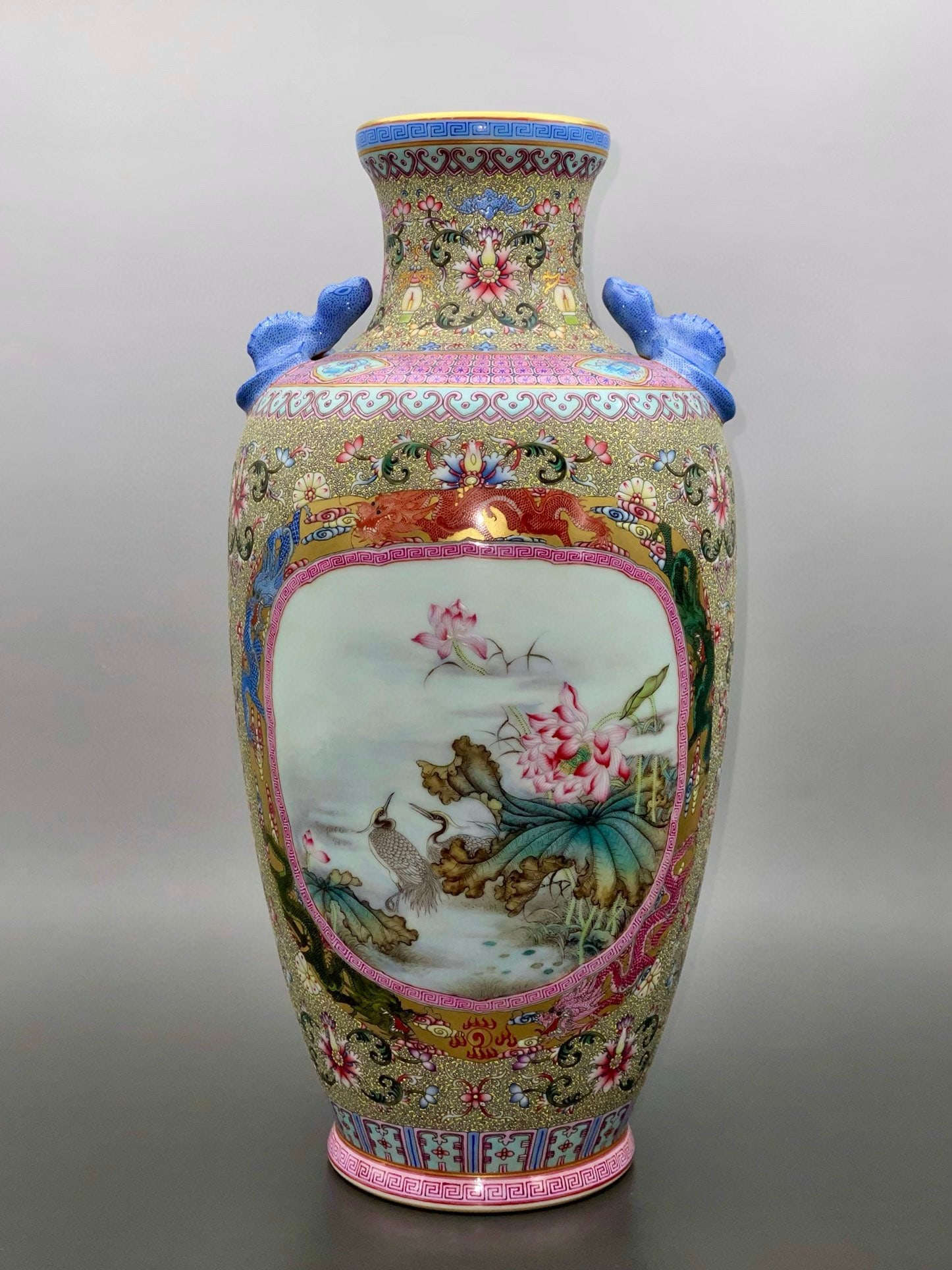 An Exquisite Famille-Rose Painted Gold Lotus Pattern Flower and Bird Pattern Double-Ears Vase (1 of 9)