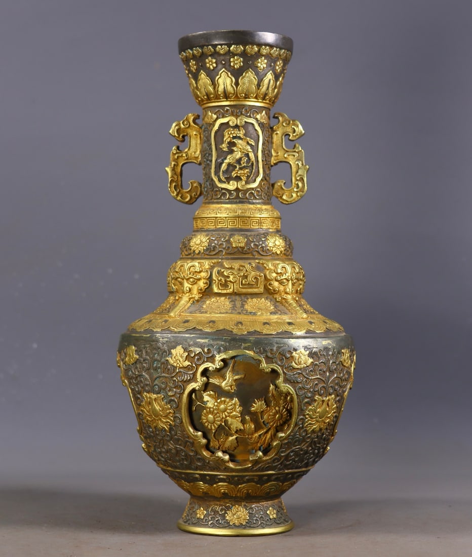 An Exquisite Gilt Bronze Lotus Pattern Flower and Bird Pattern Double-Ears Vase (1 of 9)
