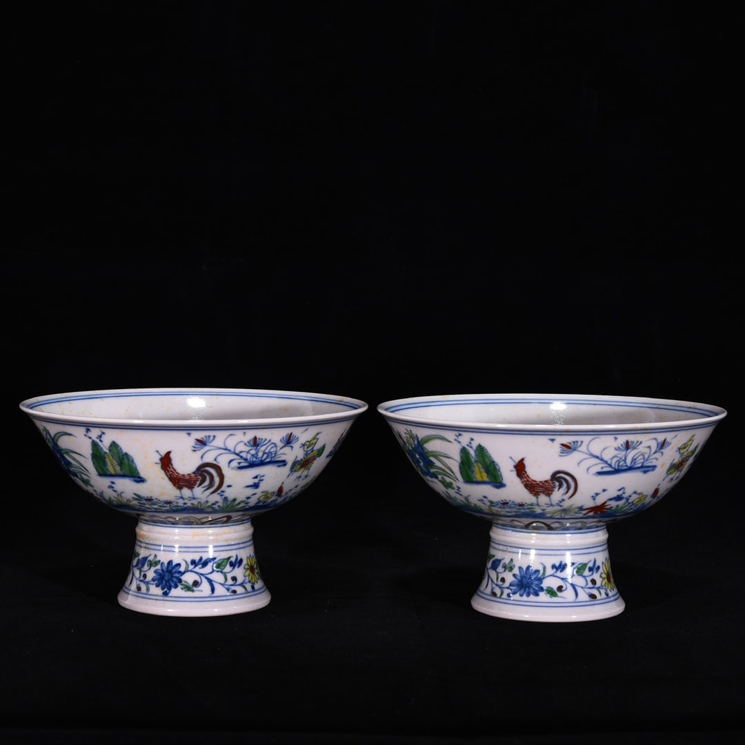 An Exquisite Doucai Rooster Pattern Lotus Pattern Stem Bowl (1 of 9)