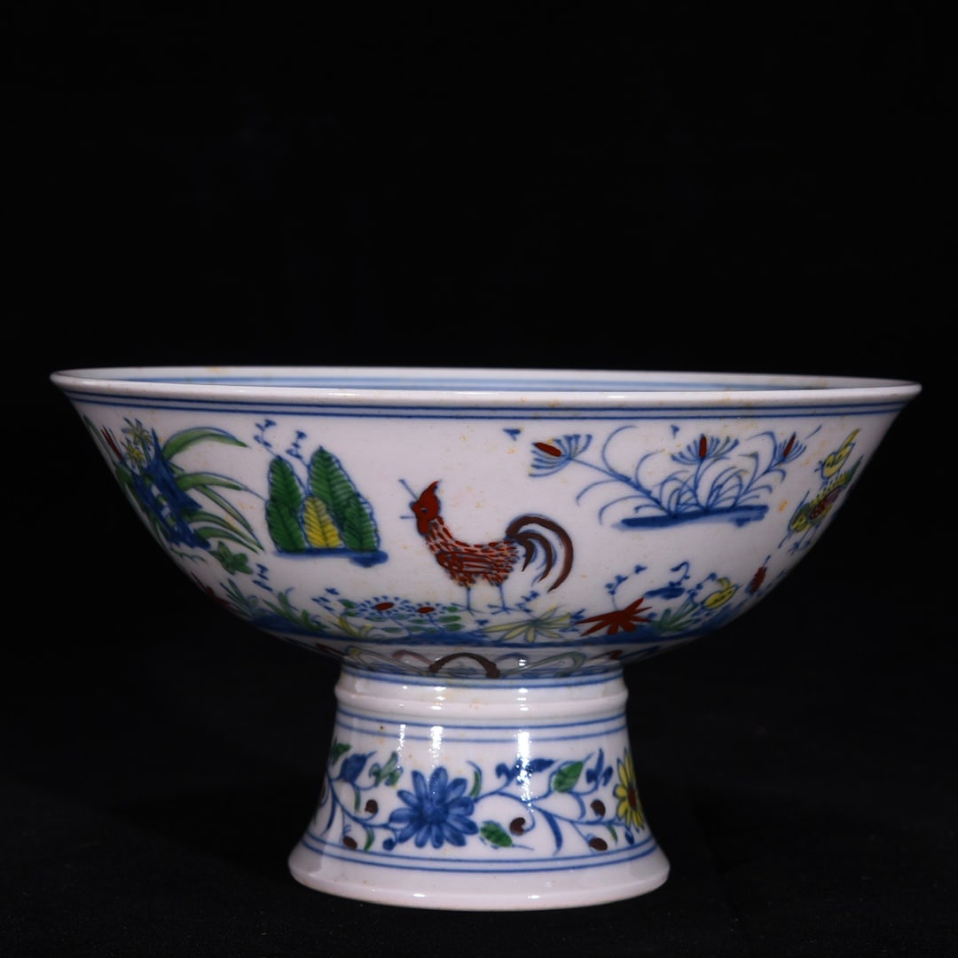 An Exquisite Doucai Rooster Pattern Lotus Pattern Stem Bowl - 2