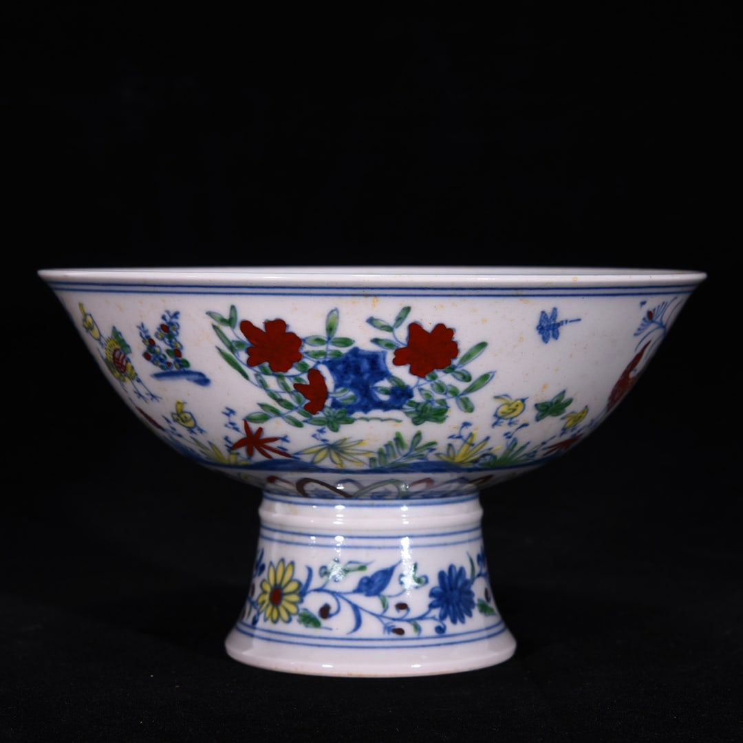 An Exquisite Doucai Rooster Pattern Lotus Pattern Stem Bowl - 3