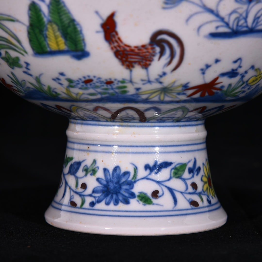 An Exquisite Doucai Rooster Pattern Lotus Pattern Stem Bowl - 5
