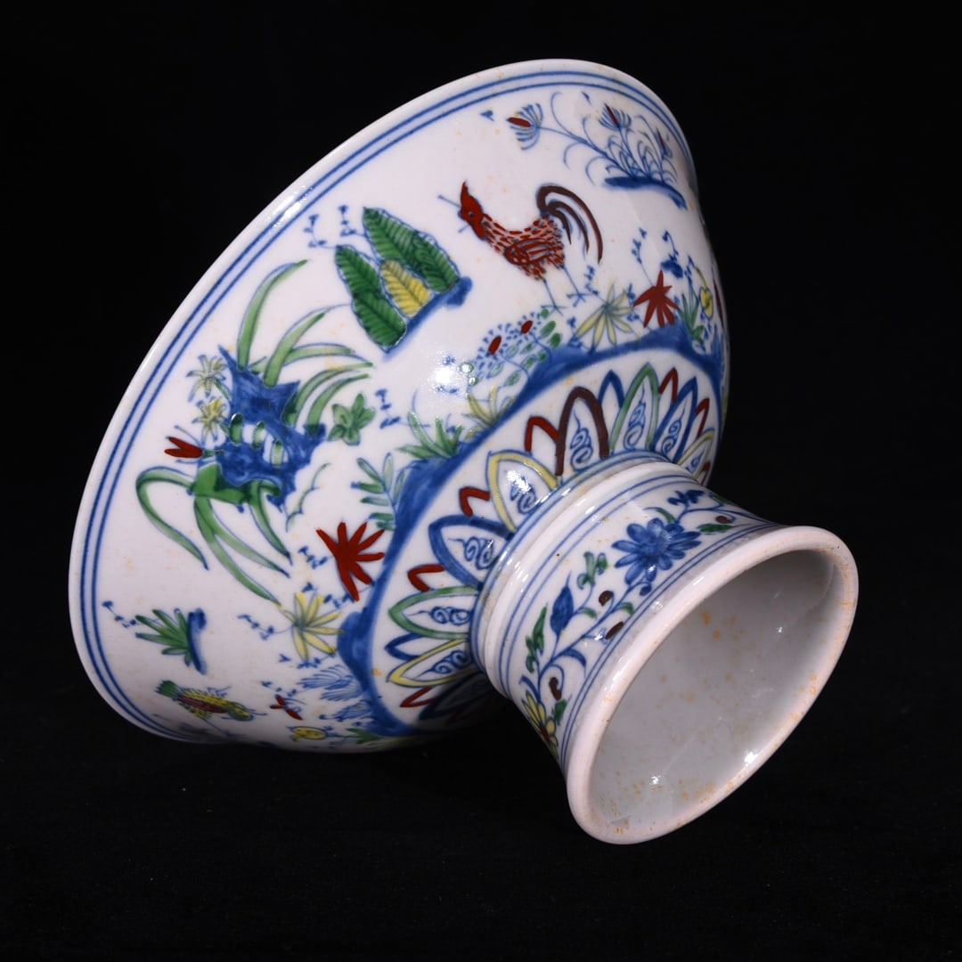 An Exquisite Doucai Rooster Pattern Lotus Pattern Stem Bowl - 8