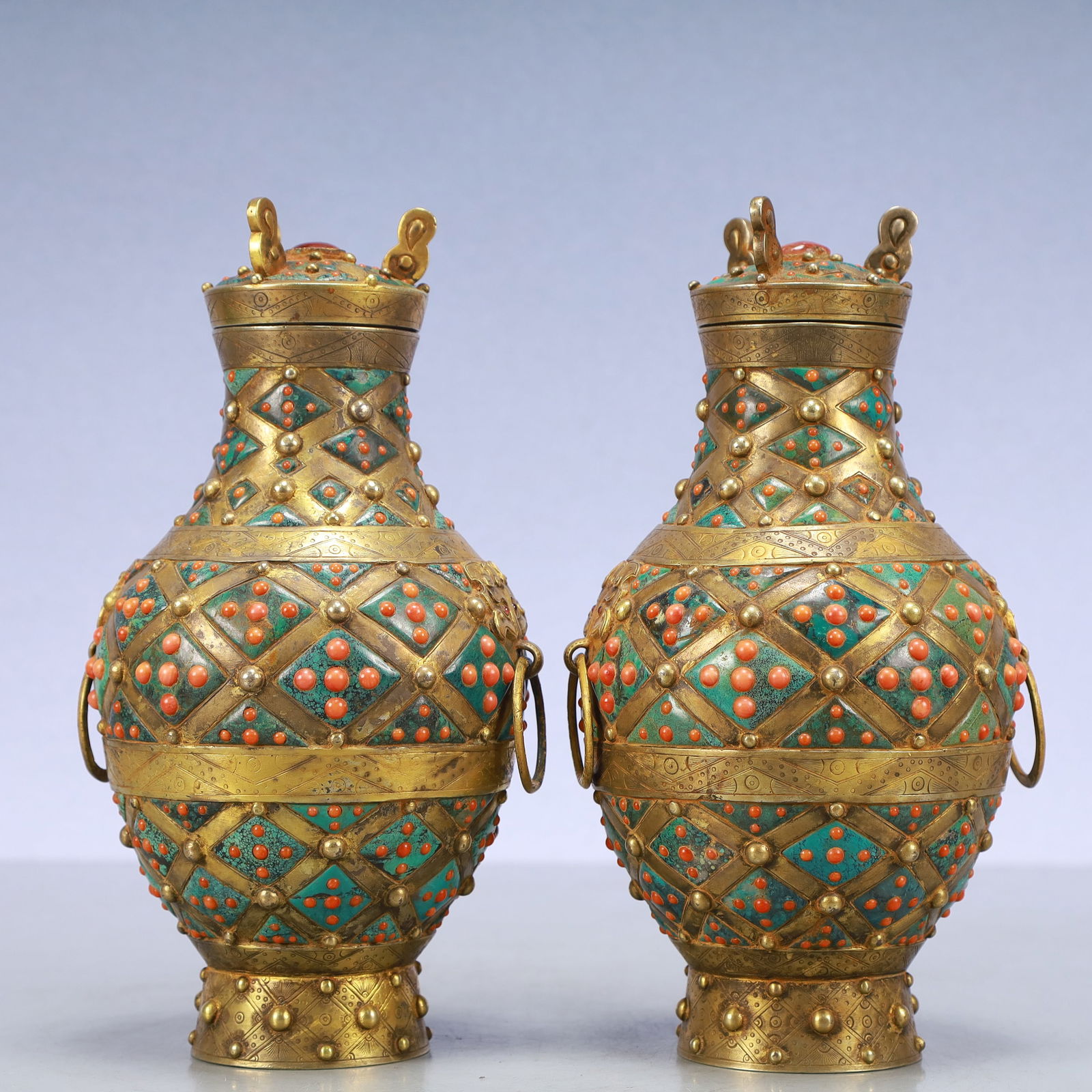 A Exquisite A pair of Gilt Bronze Inlaid Gems Double-Ears Vase (1 of 13)