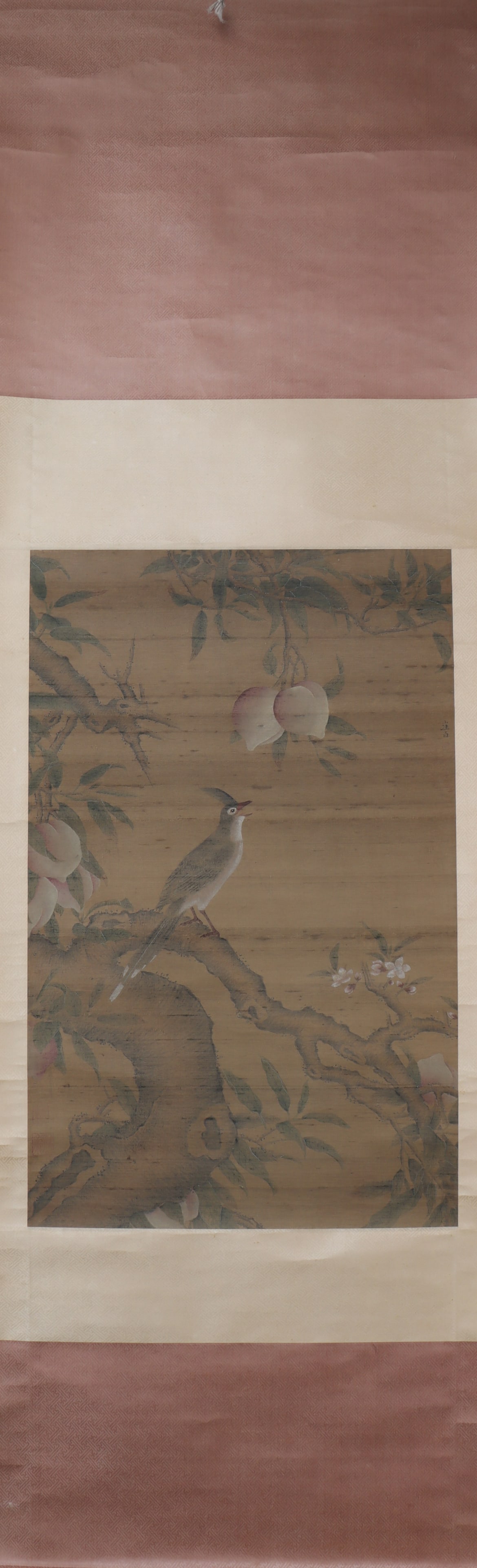 A Chinese Vertical Scroll Ink Painting of Flower and Bird on Silk (1 of 5)