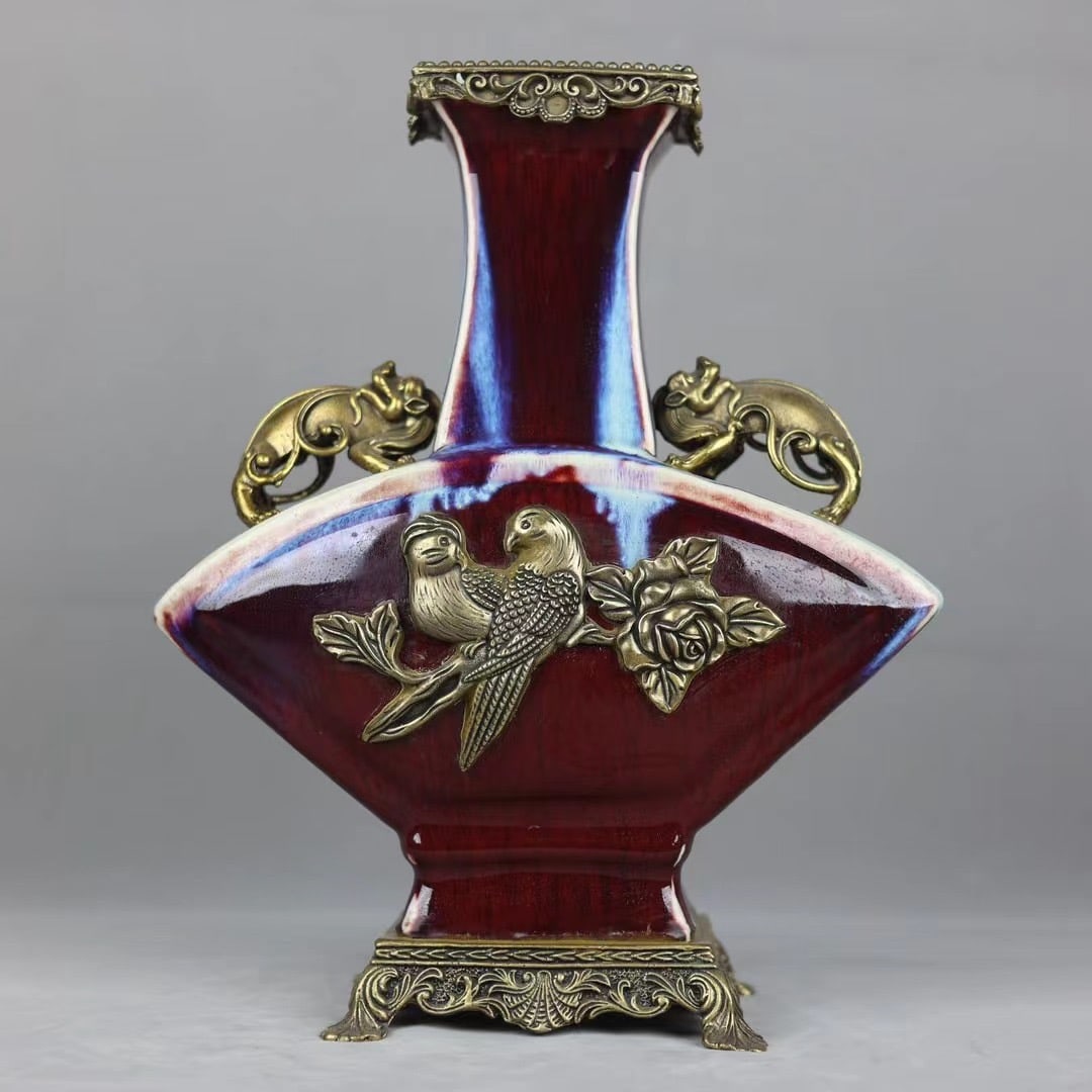 An Exquisite Flambe Glazed Inlaid Bronze Flower and Bird Pattern Double-Ears Vase (1 of 9)