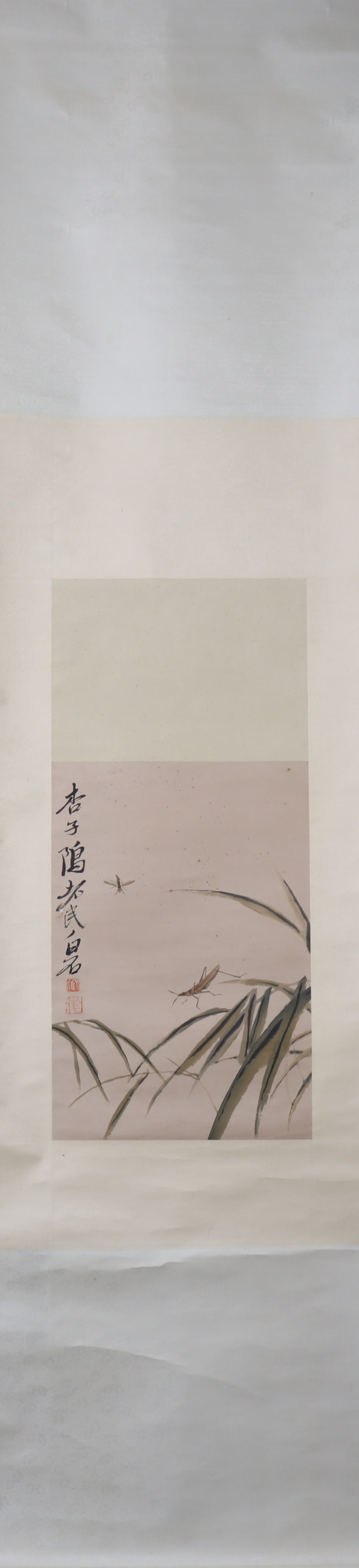A Chinese Vertical Scroll Ink Painting of Insect on Paper: A Chinese Vertical Scroll Ink Painting of Insect on Paper Qi baishi Size:43cmx30cm (The Dimensions Of All Batches Are Manually Measured.If You Need More Detailed Information, Please Contact Our