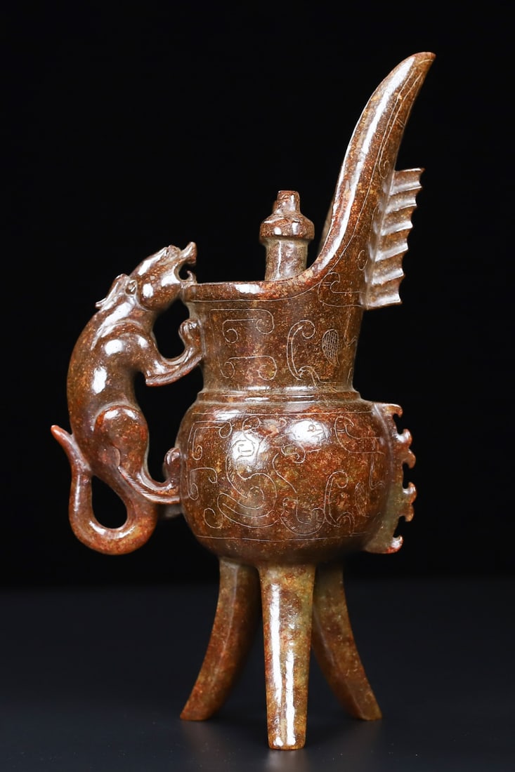 An Exquisite White Jade Phoenix Pattern Tripod Cup - 6