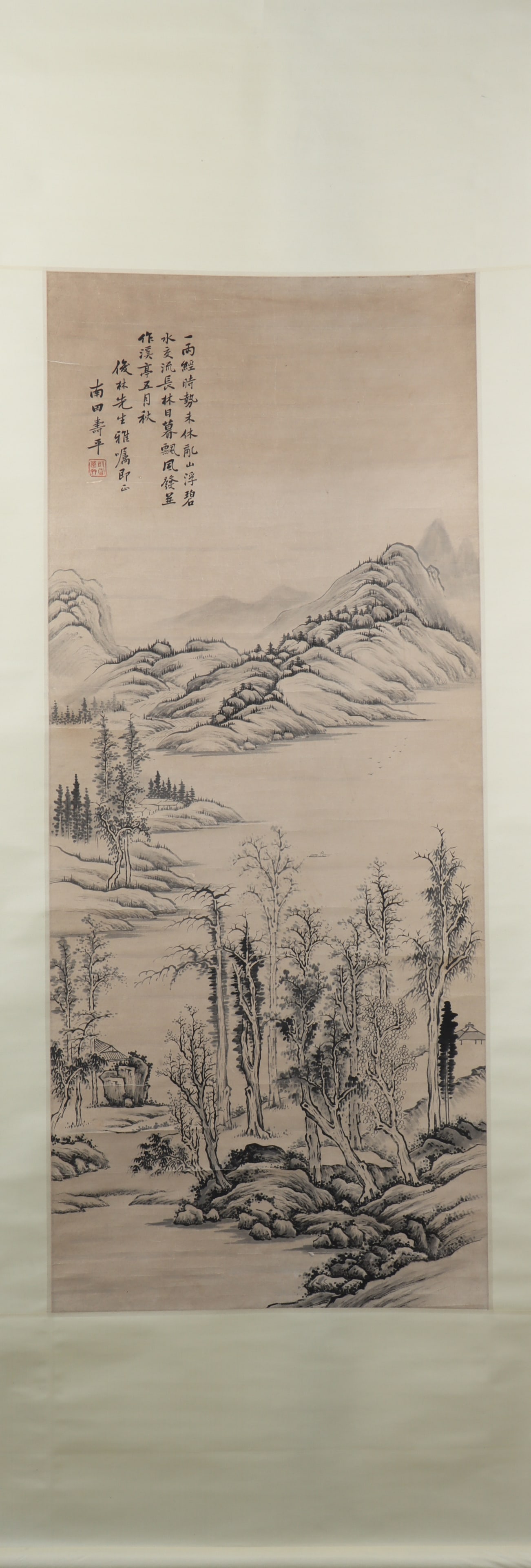 A Chinese Vertical Scroll Ink Painting of Landscape on Paper: A Chinese Vertical Scroll Ink Painting of Landscape on Paper Yun shouping Size:134cmx56cm (The Dimensions Of All Batches Are Manually Measured.If You Need More Detailed Information, Please Contact