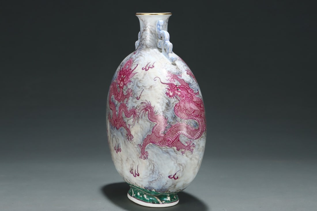 An Exquisite Ink Color Ruby Red-Glazed Painted Gold Seawater Pattern Dragon Pattern Double-EarsVase - 2