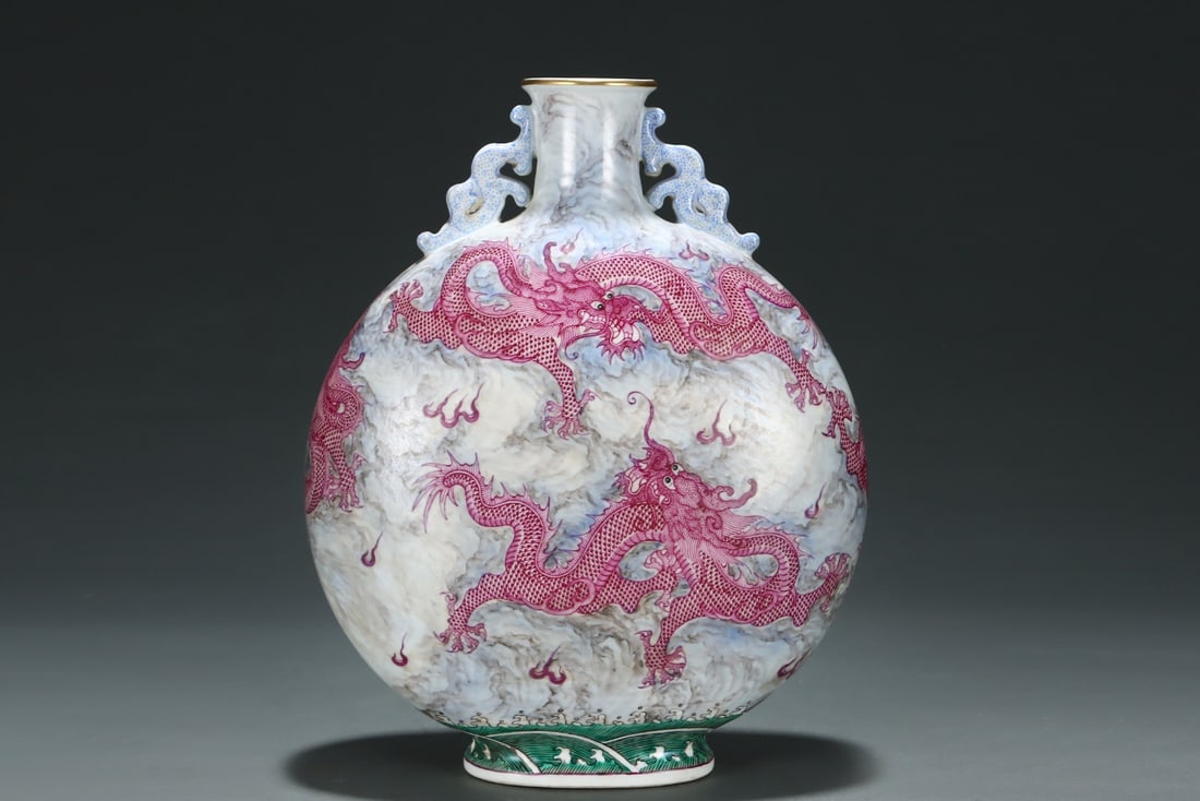 An Exquisite Ink Color Ruby Red-Glazed Painted Gold Seawater Pattern Dragon Pattern Double-EarsVase - 3