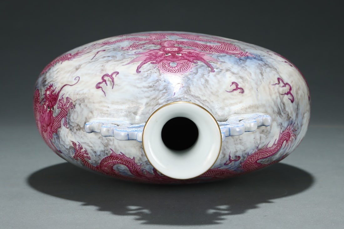 An Exquisite Ink Color Ruby Red-Glazed Painted Gold Seawater Pattern Dragon Pattern Double-EarsVase - 4