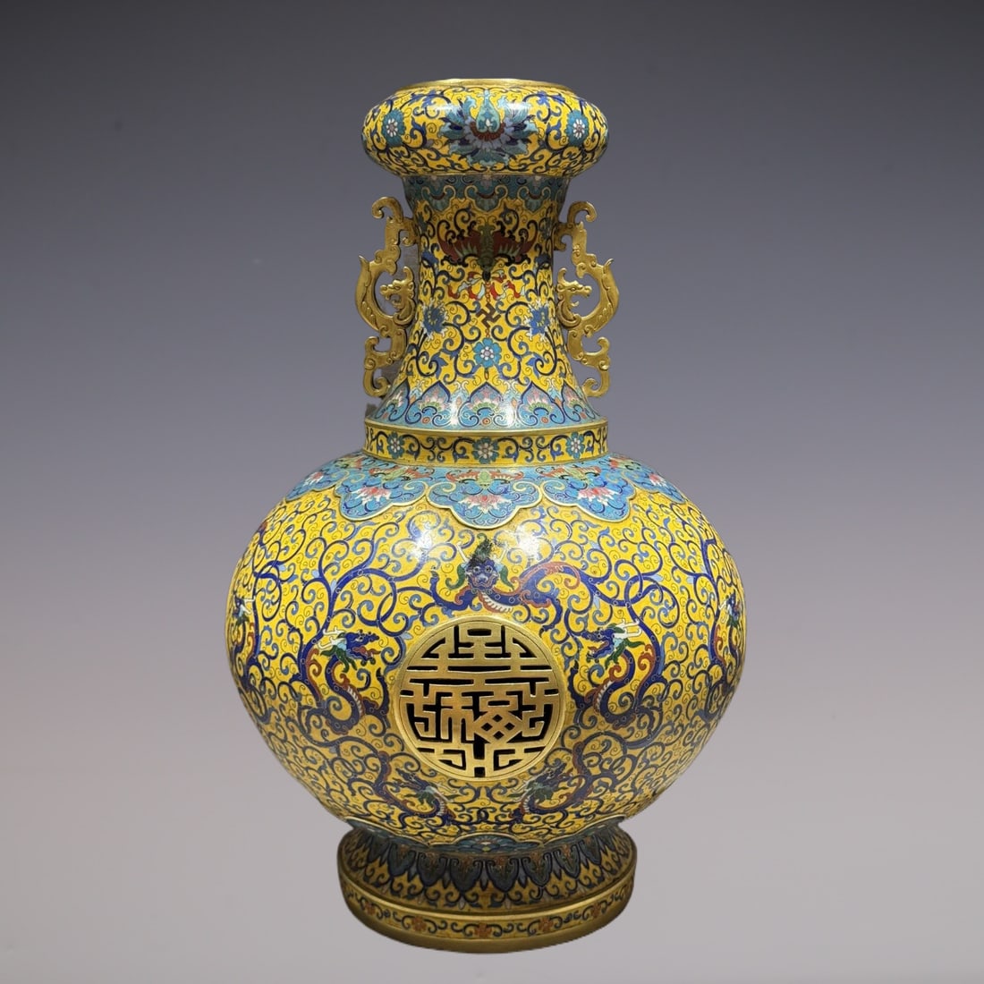 An Exquisite Cloisonne Lotus Pattern Dragon Pattern Bats and Peach Pattern Double-Ears Vase - 8