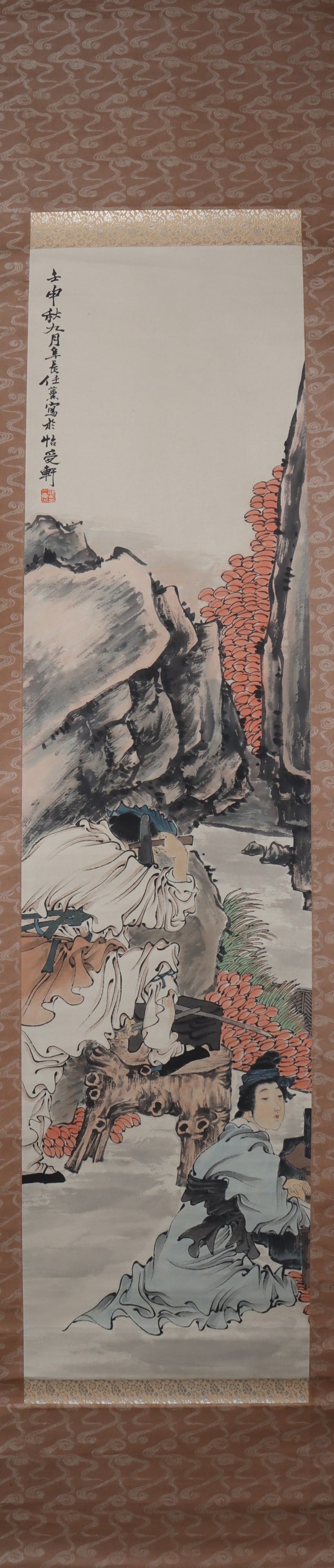 A Chinese Vertical Scroll Ink Painting of Landscape and Figure on Paper: A Chinese Vertical Scroll Ink Painting of Landscape and Figure on Paper Ren xun Size:135cmx33cm (The Dimensions Of All Batches Are Manually Measured.If You Need More Detailed Information, Please