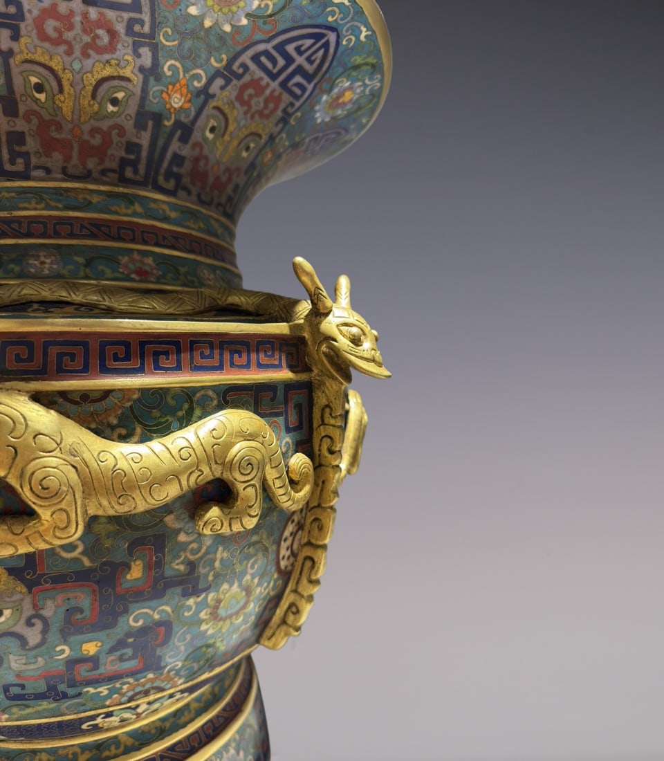 An Exquisite Cloisonne Lotus Pattern Beast-Face Pattern Vase - 5