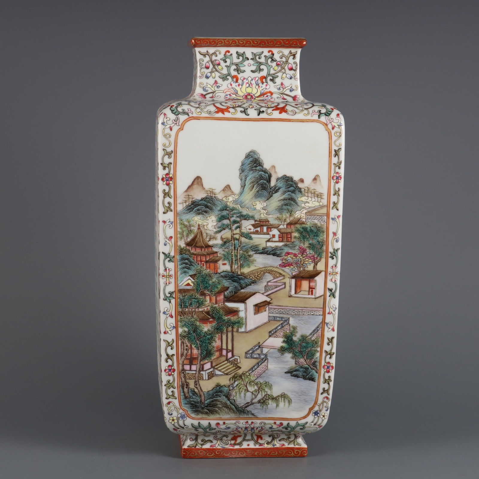 An Exquisite Famille-Rose Lotus Pattern Landscape Pattern with poem Vase: An Exquisite Famille-Rose Lotus Pattern Landscape Pattern with poem Vase Qing Dynasty, China Qianlong Six-character Mark Size:31cmx13.2cm (The Dimensions Of All Batches Are Manually Measured.If You