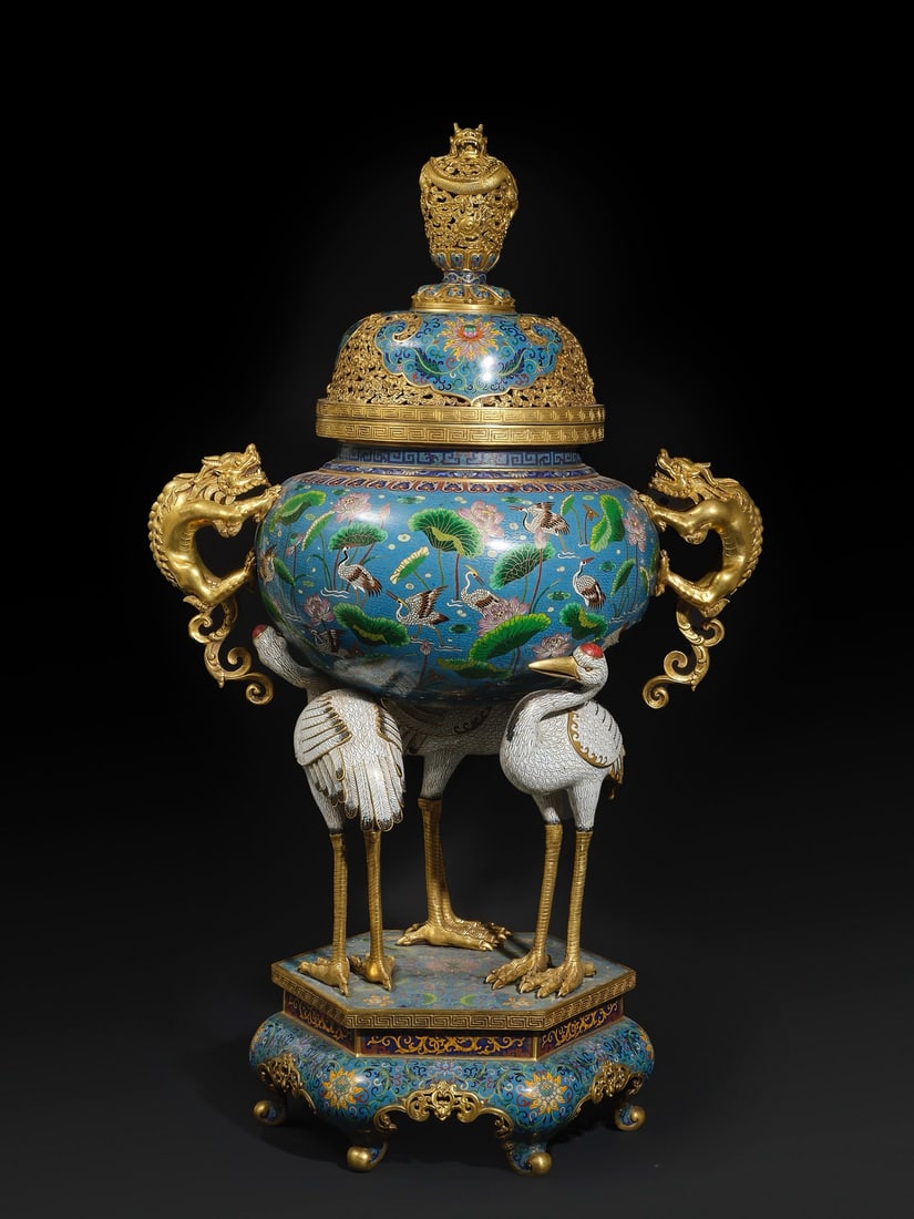 An Exquisite Cloisonne Lotus Pattern Flower Pattern Crane Pattern Double-Ears and Tripod Censer: An Exquisite Cloisonne Lotus Pattern Flower Pattern Crane Pattern Double-Ears and Tripod Censer Qing Dynasty, China Qianlong Four-character Mark Size:104cmx62cm Weight:41kg (The Dimensions Of All