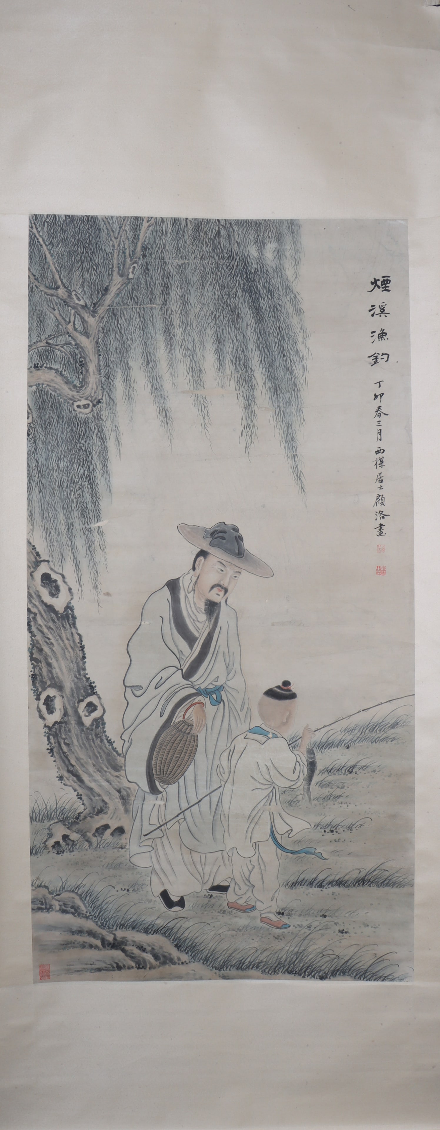 A Chinese Vertical Scroll Ink Painting of Figure on Paper: A Chinese Vertical Scroll Ink Painting of Figure on Paper Gu luo Size:136cmx68cm (The Dimensions Of All Batches Are Manually Measured.If You Need More Detailed Information, Please Contact Our