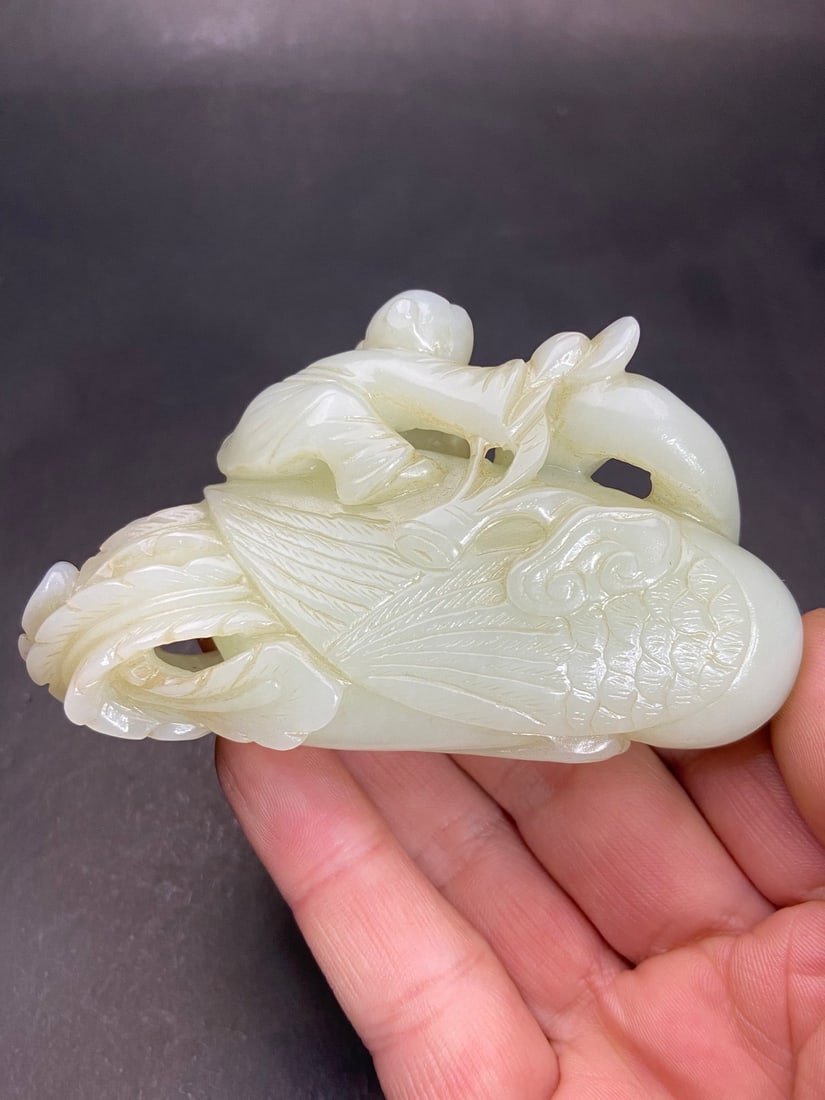 An Exquisite White Jade Figure Pattern Goose Hand Piece - 9