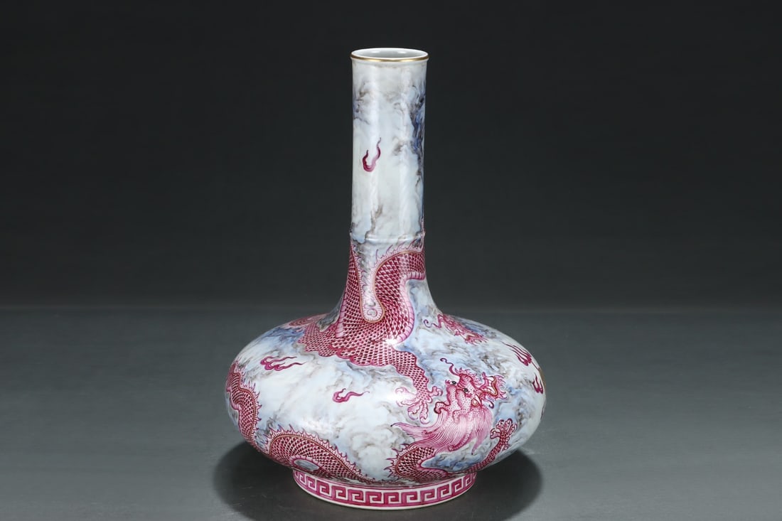 An Exquisite Ink Color Ruby Red-Glazed Painted Gold Dragon Pattern Seawater Pattern Vase - 3