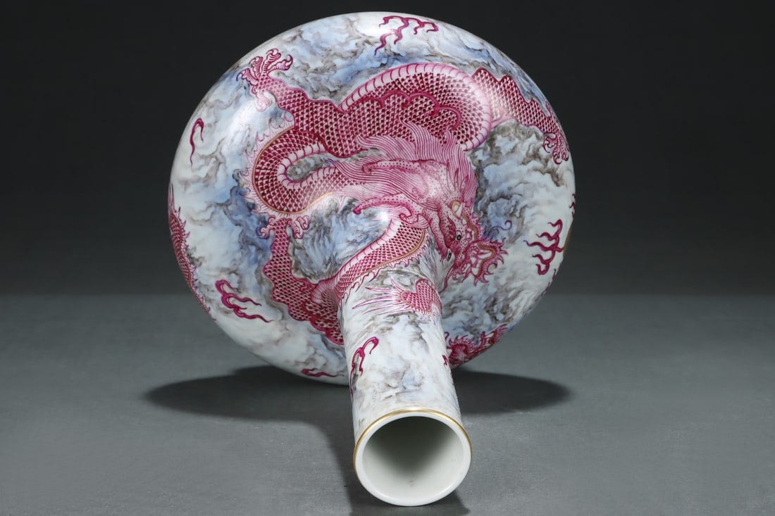 An Exquisite Ink Color Ruby Red-Glazed Painted Gold Dragon Pattern Seawater Pattern Vase - 4