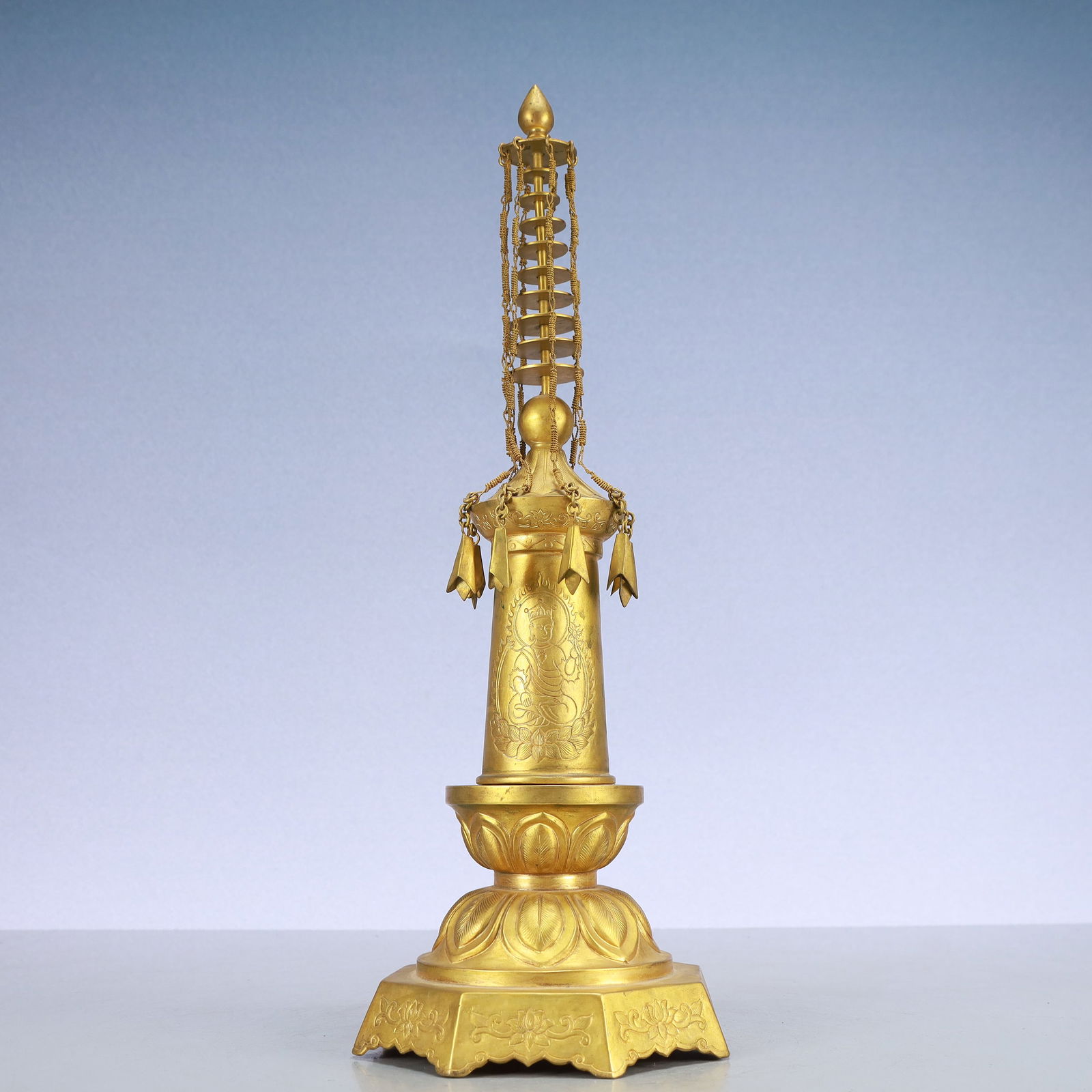A Exquisite Gilt Bronze Buddha statue Pattern Pagoda - 5