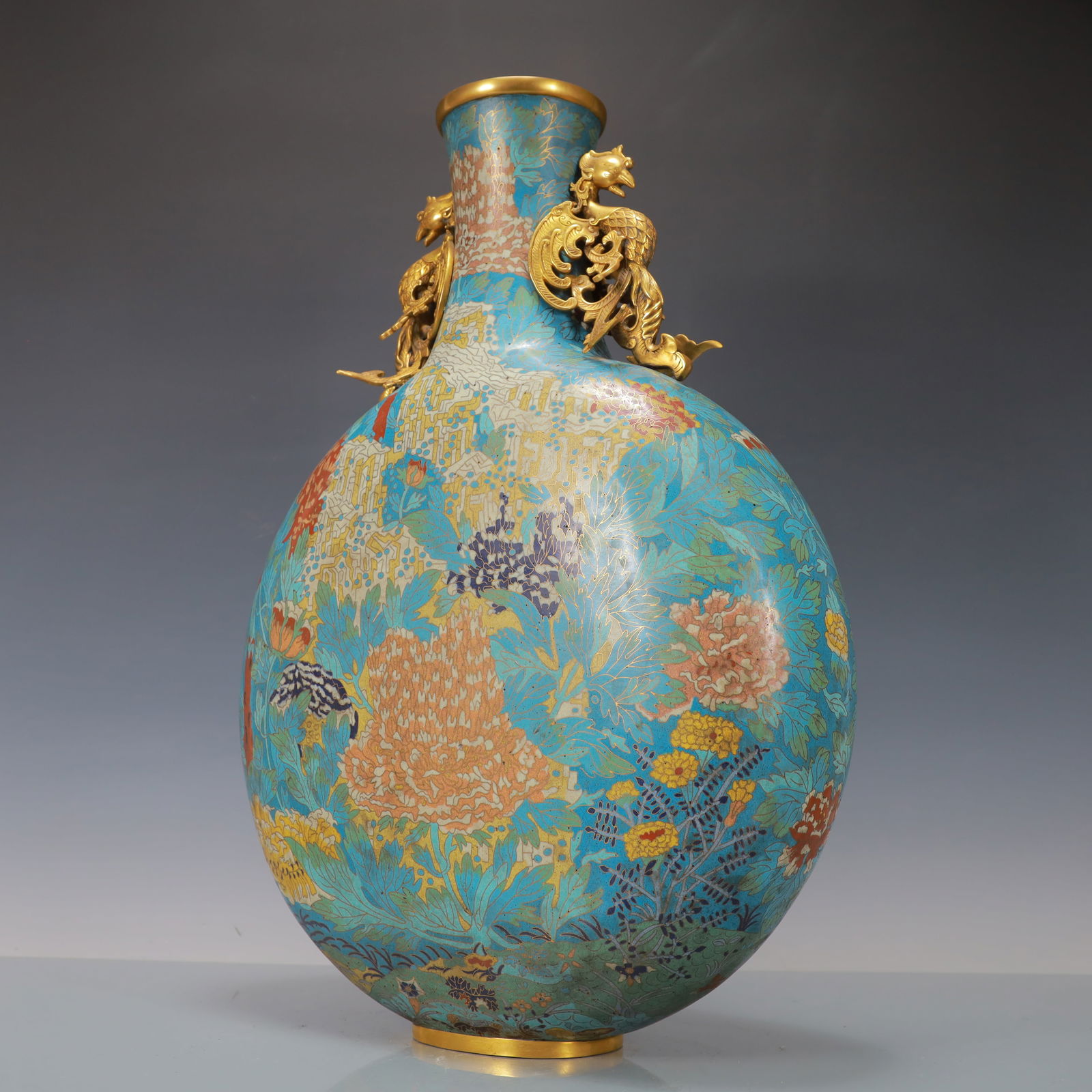 A Huge Cloisonne Chrysanthemum Pattern Phoenix-Ears Vase - 5