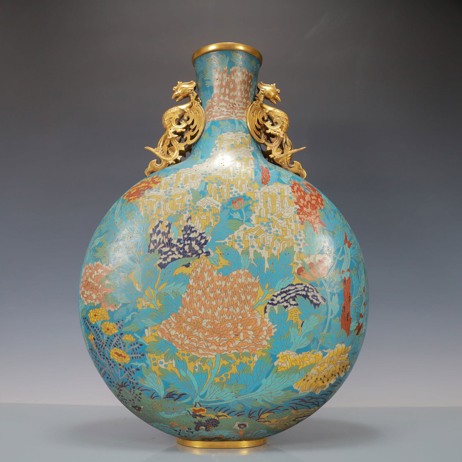 A Huge Cloisonne Chrysanthemum Pattern Phoenix-Ears Vase - 8