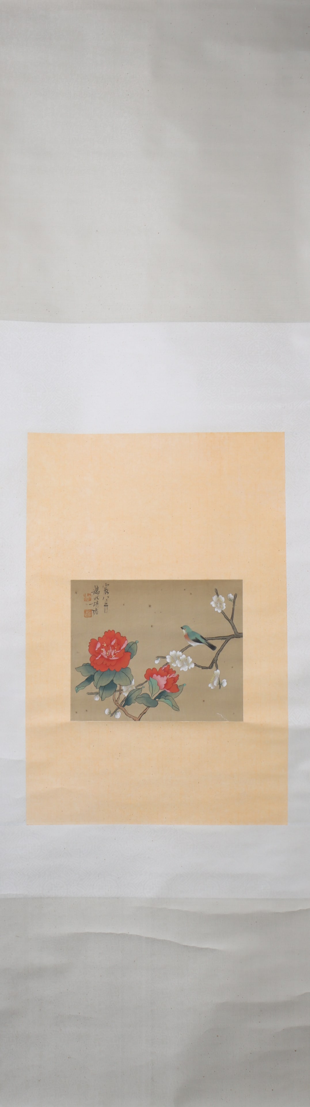 A Chinese Vertical Scroll Ink Painting of Flower and Bird on Silk (1 of 4)