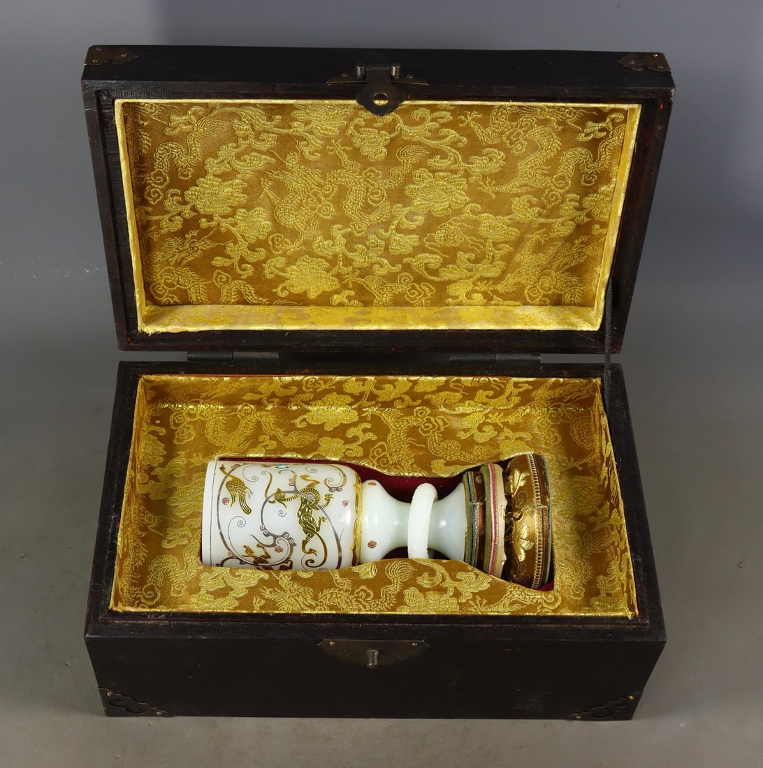 An Exquisite White Jade Inlaid Gold and Silver Inlaid Gems Auspicious Beast Pattern Cup (1 of 9)