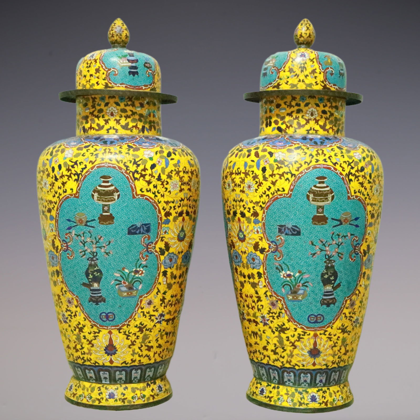 A Pair of Exquisite Cloisonne Lotus Pattern Vase: A Pair of Exquisite Cloisonne Lotus Pattern Vase Qing Dynasty, China Size:38cmx38cmx101cm (The Dimensions Of All Batches Are Manually Measured.If You Need More Detailed Information, Please Contact Our