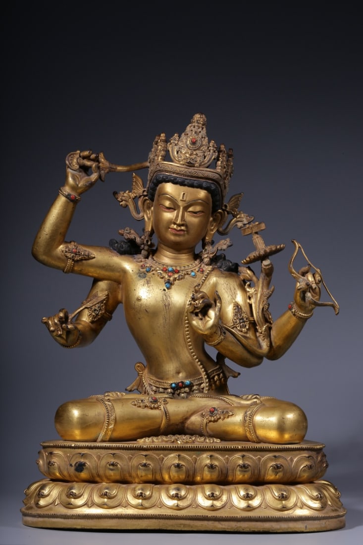 An Exquisite Gilt Bronze Inlaid Gems Four-arms Statue of Manjusri (1 of 9)