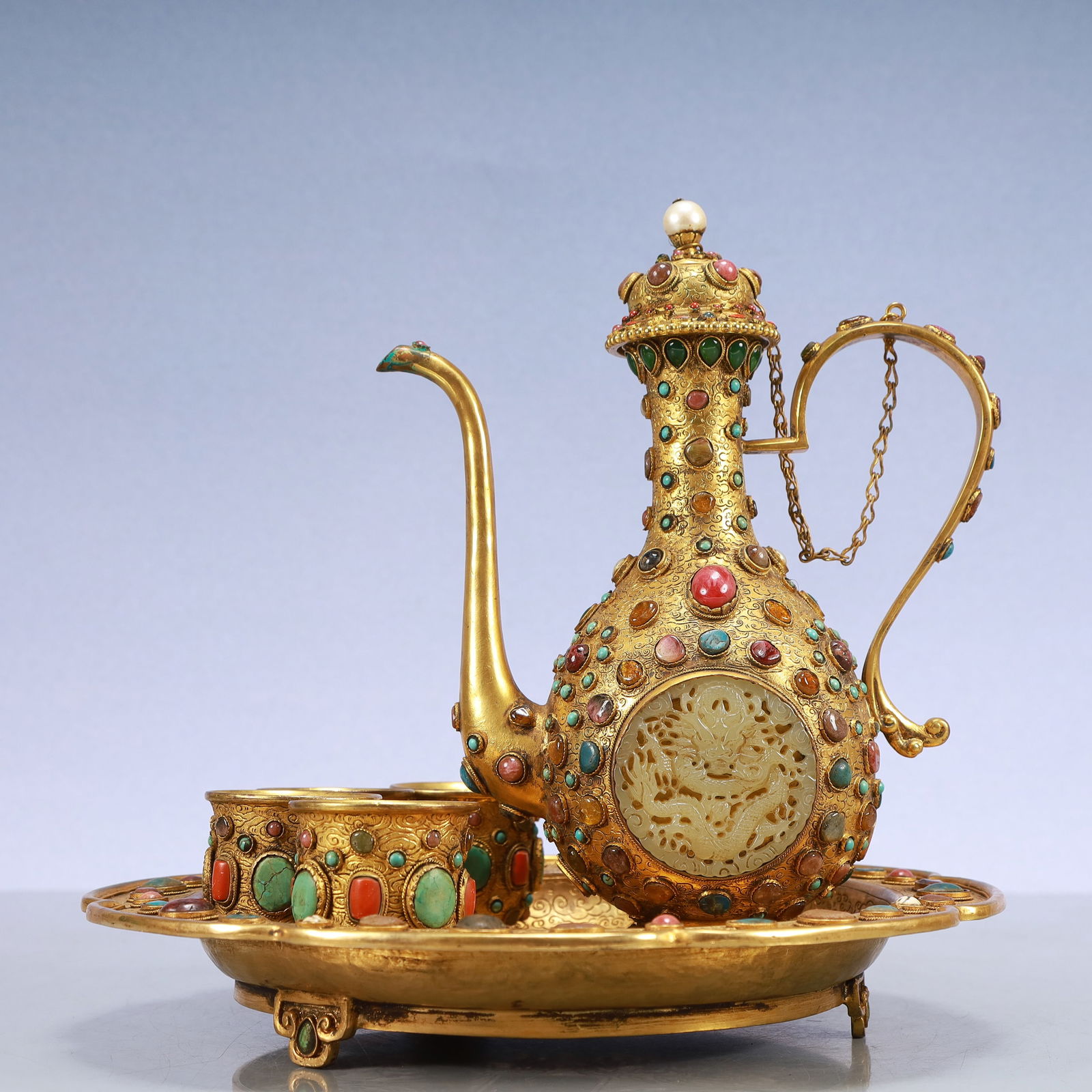 A Exquisite A Set of Gilt Bronze Inlaid Gems Dragon Pattern Ewer (1 of 16)