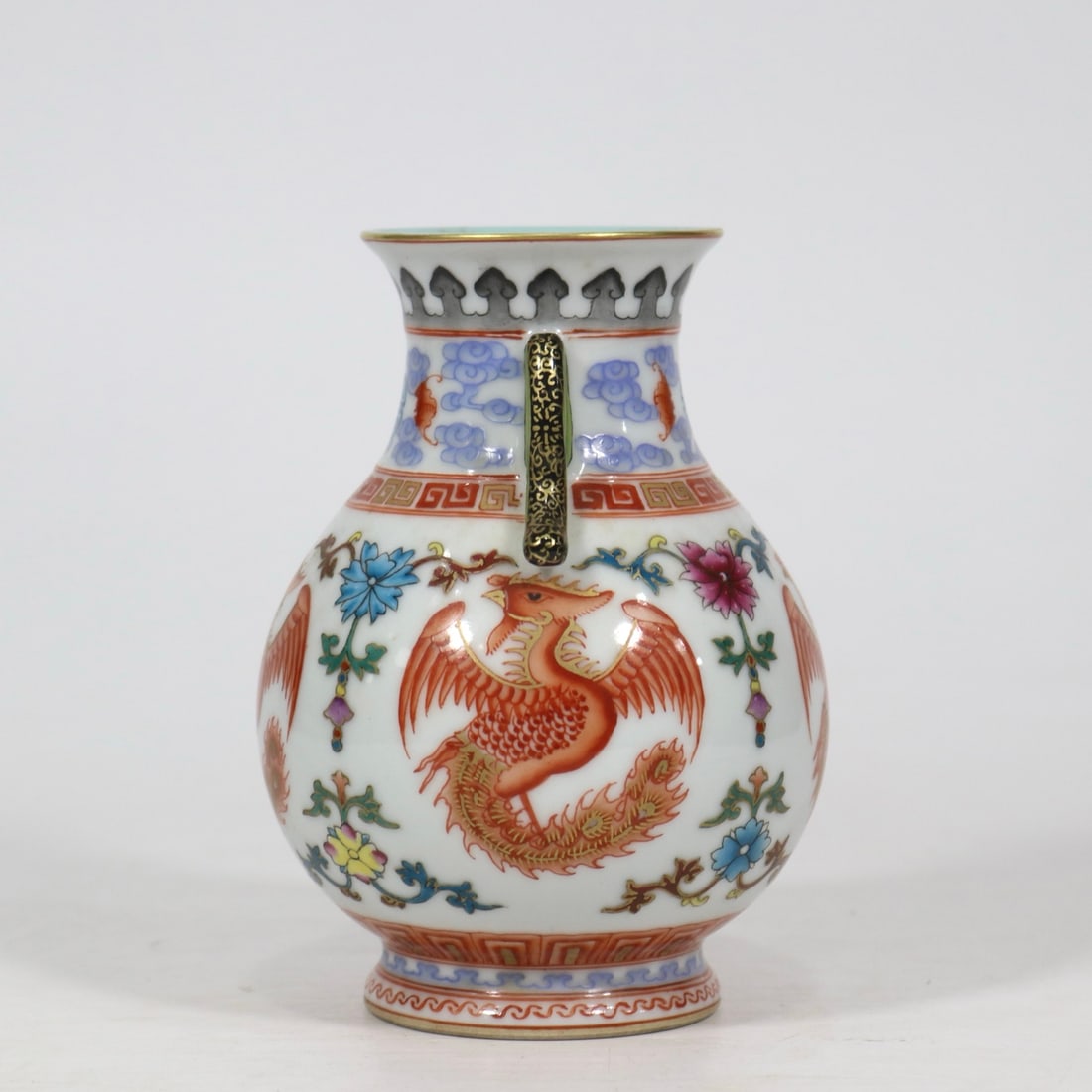 An Exquisite Iron-Red Phoenix Pattern Bats and Peach Pattern Double-Ears Vase - 2