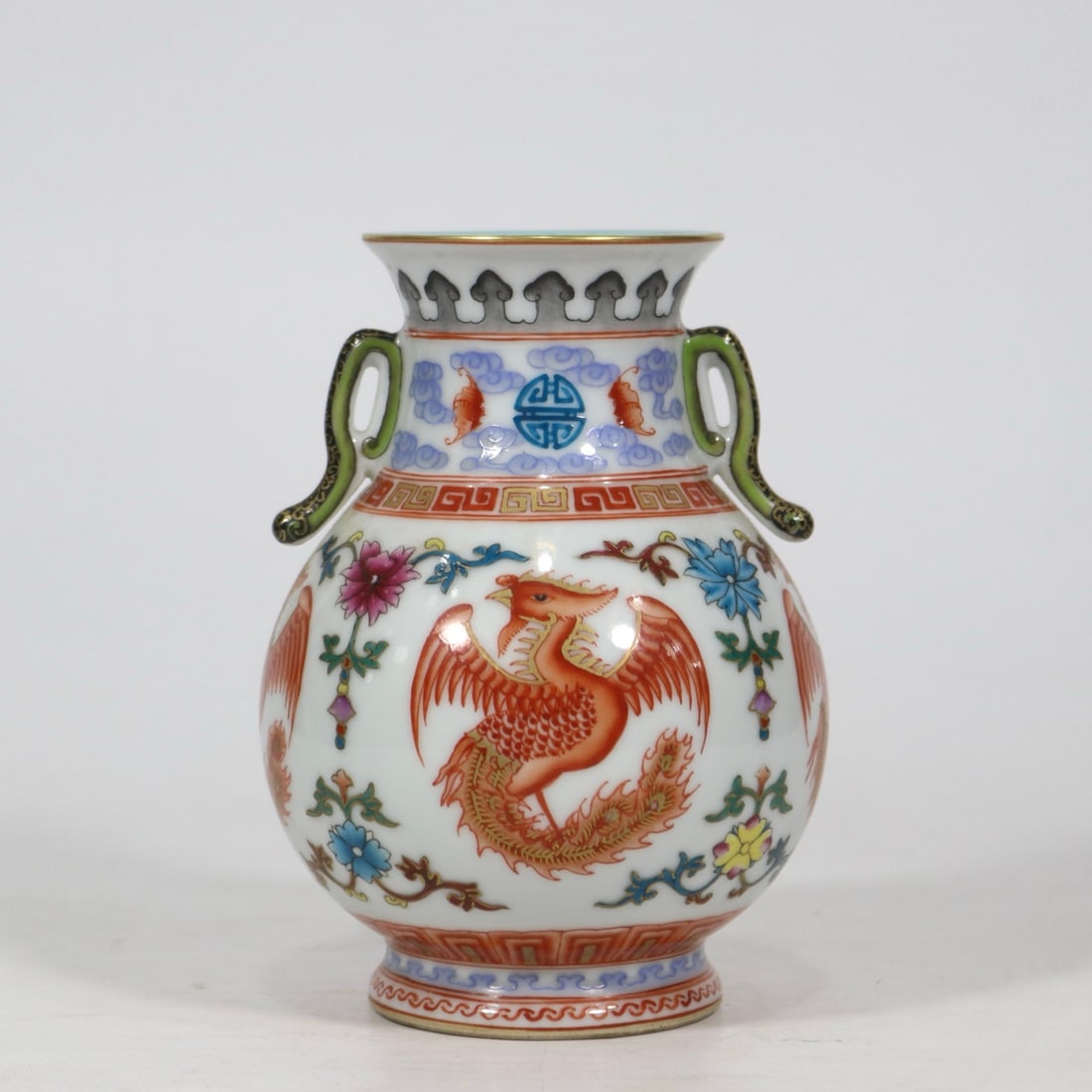 An Exquisite Iron-Red Phoenix Pattern Bats and Peach Pattern Double-Ears Vase - 3