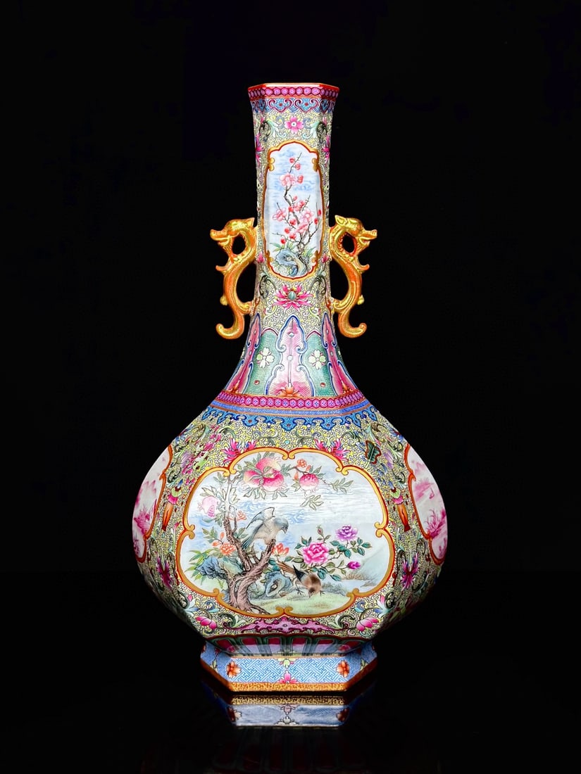 An Exquisite Famille-Rose Agate Red-Glazed Painted Gold Lotus Pattern Flower and Bird Pattern: An Exquisite Famille-Rose Agate Red-Glazed Painted Gold Lotus Pattern Flower and Bird Pattern Landscape Pattern Double-Ears Vase Qing Dynasty, China Qianlong Four-character Mark Size:32.3cmx17.3cm 