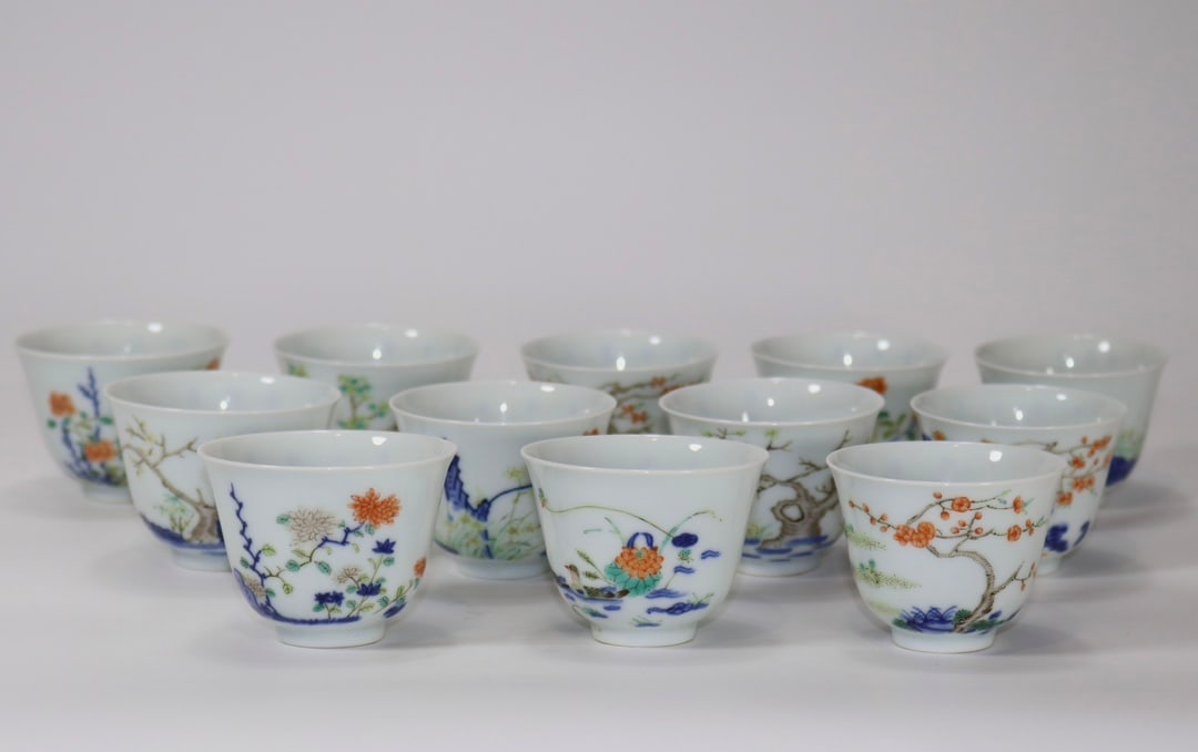A Set of Fine Wucai Flower and Bird Pattern with poem Cup (1 of 9)