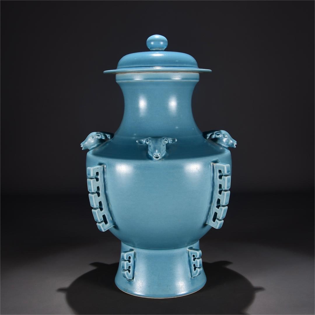 A piece of Qing Dynasty Qianlong year imitation Rutian blue glaze out of the halberd and three sheep: The Qing Dynasty Qianlong year imitation Rutian blue glaze out of the halberd and three sheep statues Size:H:53cm W:33cm (The Dimensions Of All Batches Are Manually Measured.If You