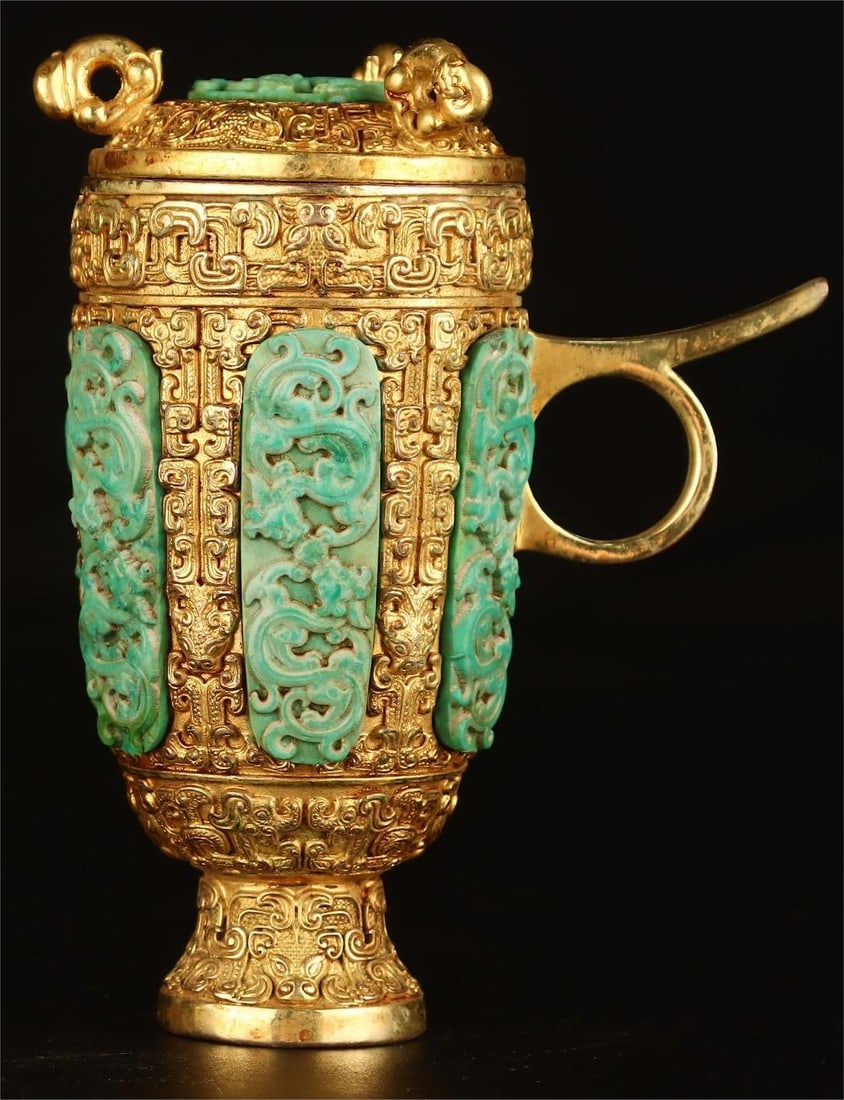 A copper-gilt turquoise tall cup from the Warring States period: Copper gilt turquoise tall cup in the Warring States period Size:W:1120g L:10.5cm W:6.5cm H:14cm (The Dimensions Of All Batches Are Manually Measured.If You Need More Detailed