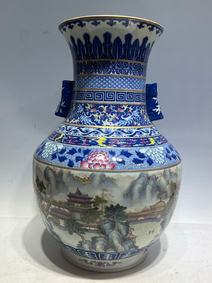 A Qing Dynasty enamel blue and white figure ear: The enamel blue and white figure ear of the Qing Dynasty Size:H:56.5cm Belly diameter:39.5cm Bottom:23.5cm (The Dimensions Of All Batches Are Manually Measured.If You Need More