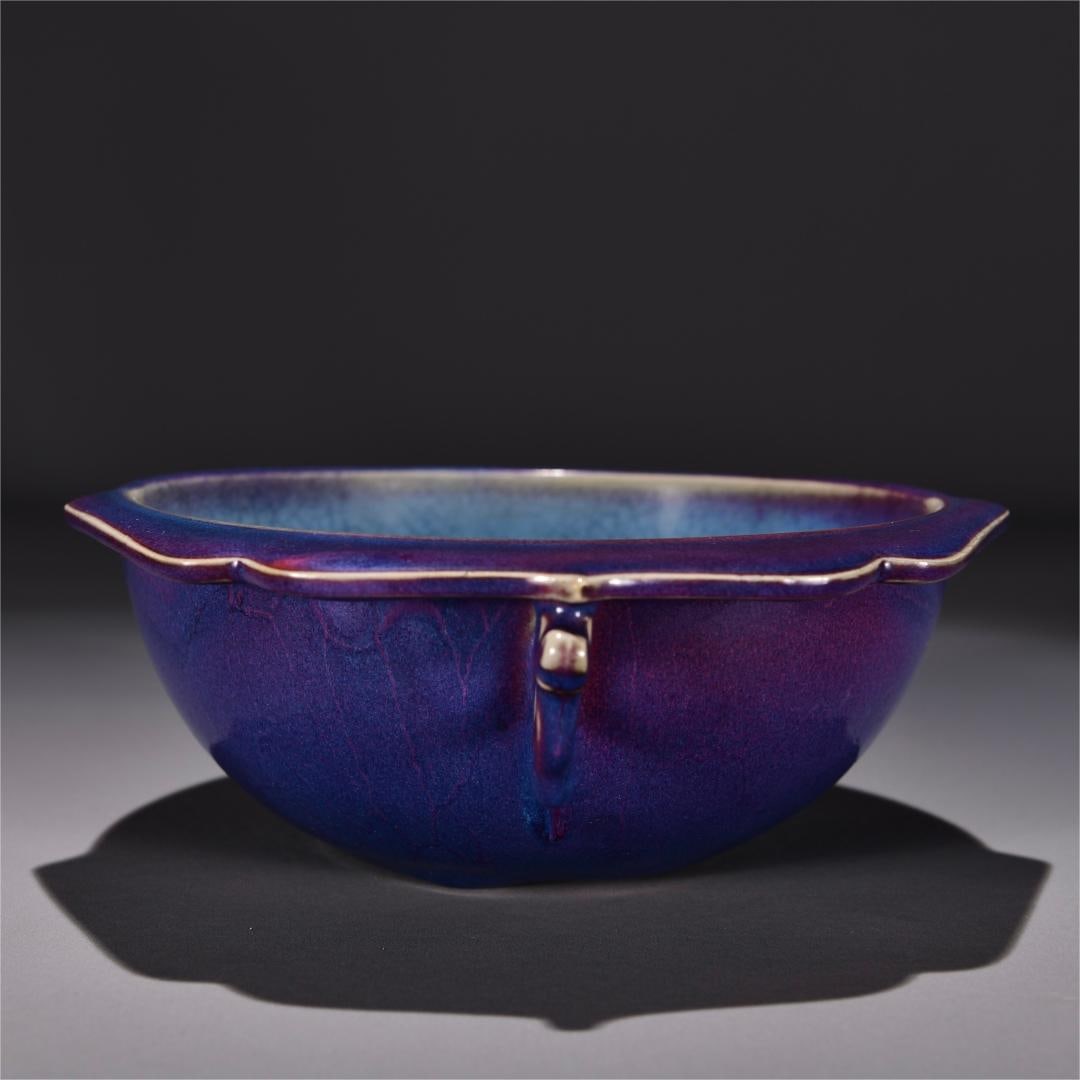 A piece of Song Dynasty Jun kiln eggplant skin purple glaze hat ear wash: Song Dynasty Jun kiln eggplant skin purple glaze hat ear washing Size:H:9cm W:24cm (The Dimensions Of All Batches Are Manually Measured.If You Need More Detailed Information,